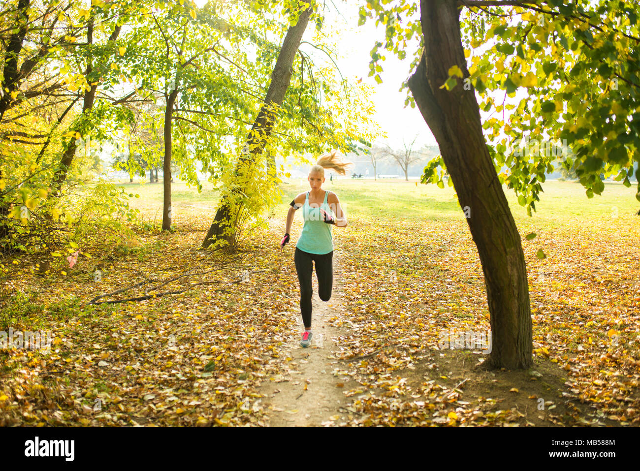 Attractive young sporty woman jogging in the park covered with leaves ...