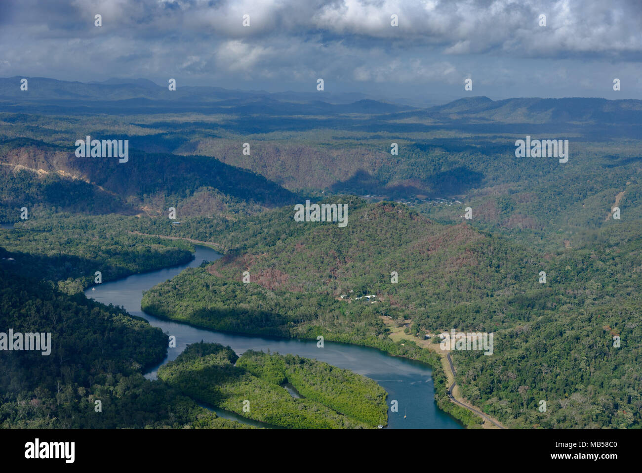An aerial landscape view of the Bloomfield River in Far North Queensland Stock Photo