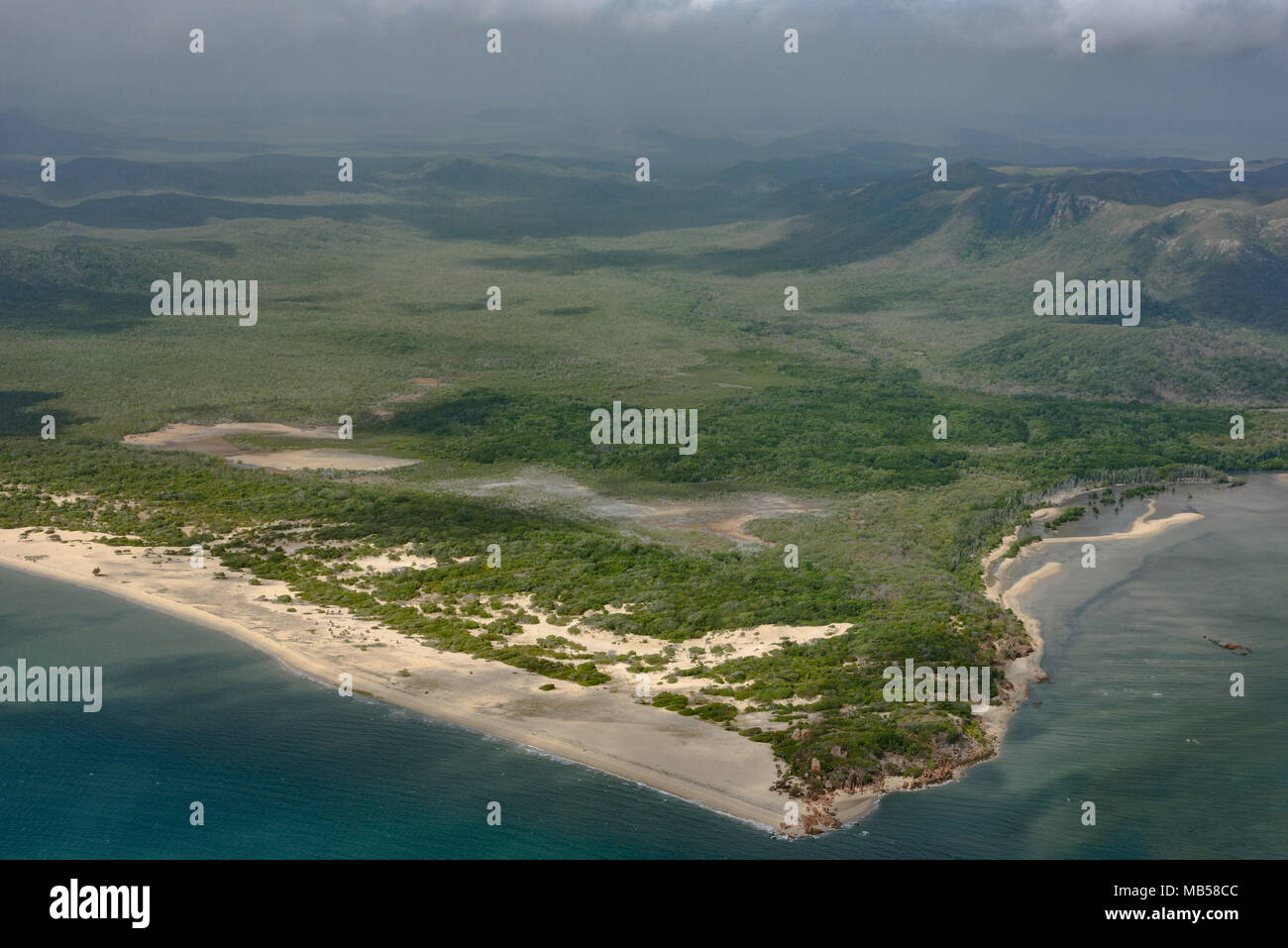 A small spit of land next to Hudson Bay on the Coral Sea in Far North Queensland, Australia Stock Photo