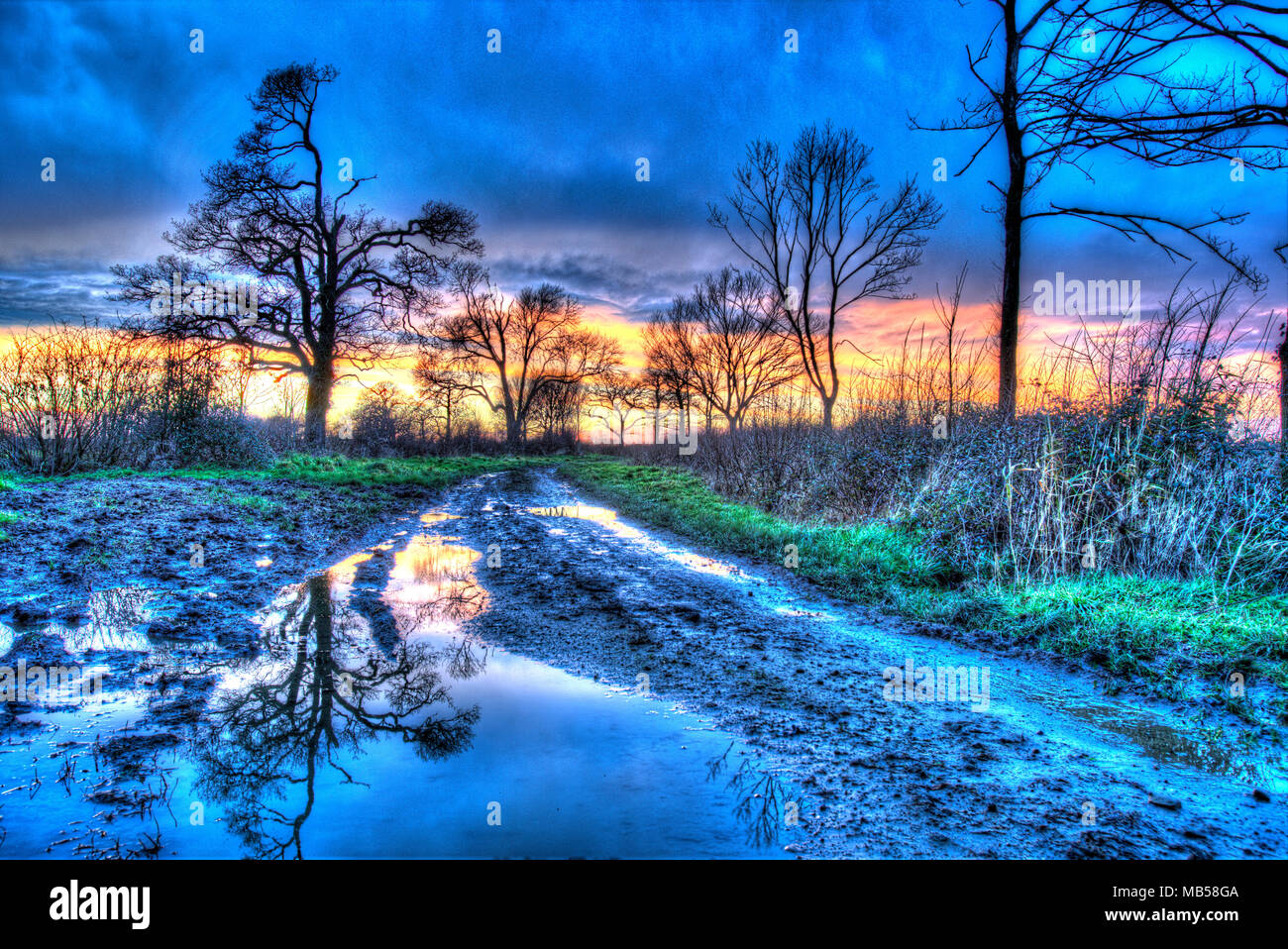 Village of Coddington, England. Artistic sunset view over a bridleway in rural Cheshire. Stock Photo