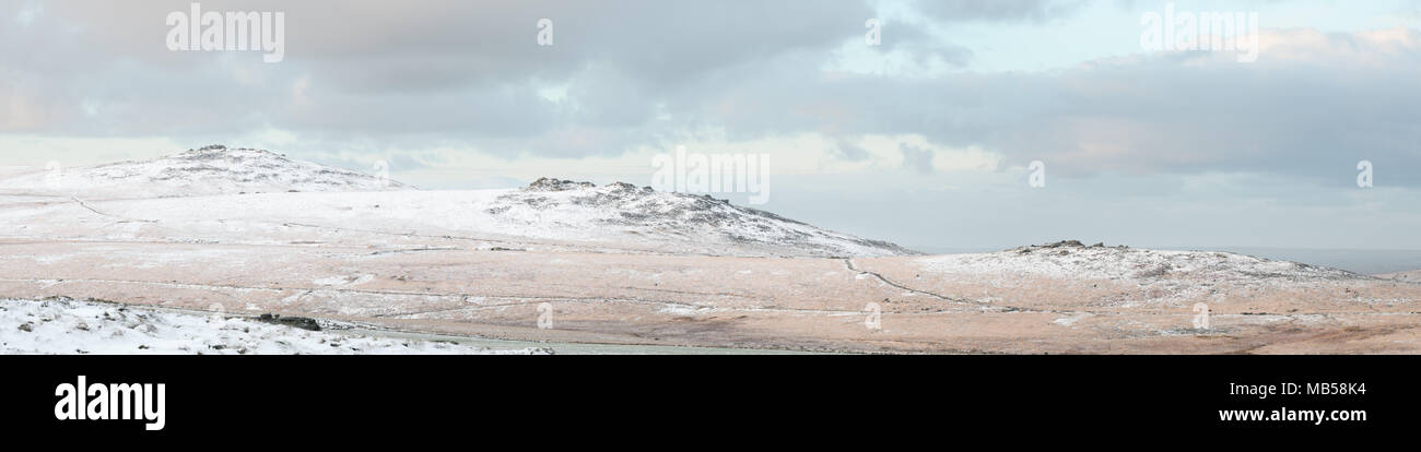 Panoramic view of snow covered tors Dartmoor national park Devon Uk Stock Photo
