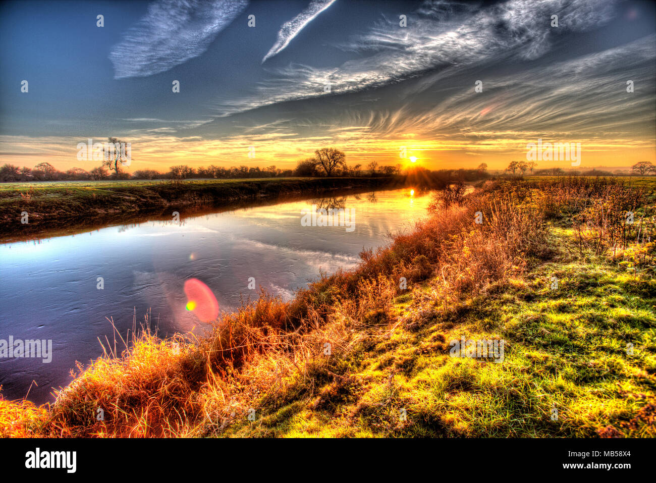 River Dee, Cheshire, England. Artistic autumnal view of the River Dee on the border between Wales and England. Stock Photo