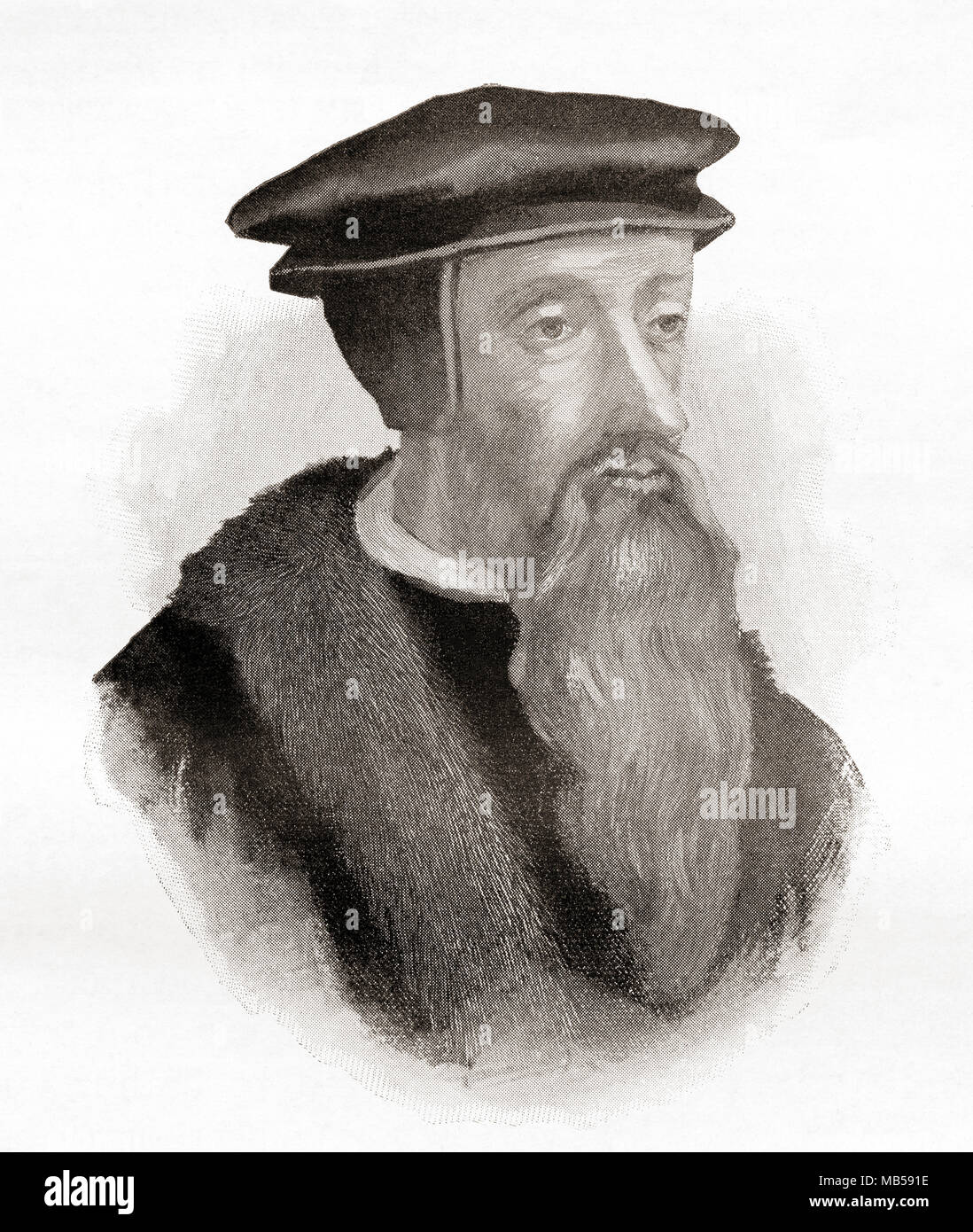 John Calvin, born Jehan Cauvin,1509 – 1564.  French theologian, pastor and reformer during the Protestant Reformation. From The International Library of Famous Literature, published c. 1900 Stock Photo