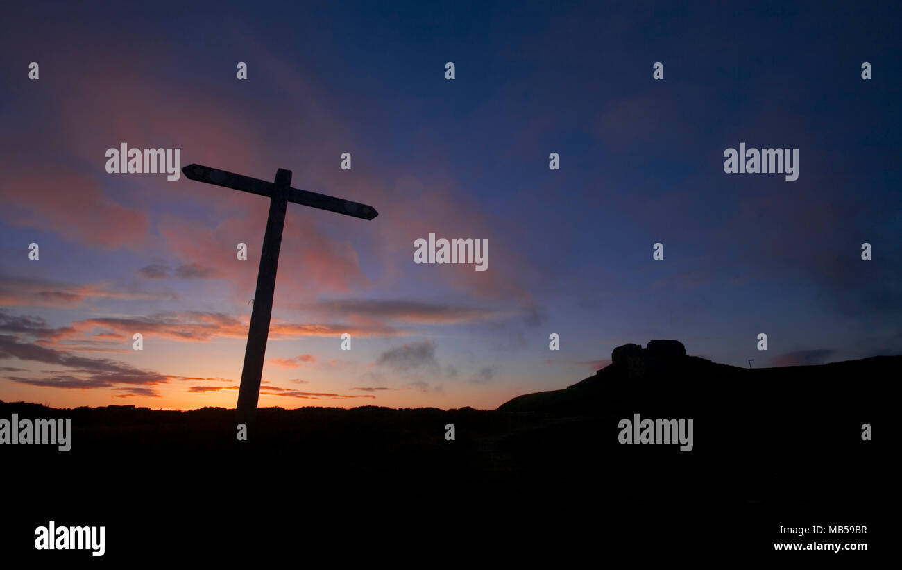 Jubilee Tower on the summit of Moel Famau at dawn, North Wales Stock Photo
