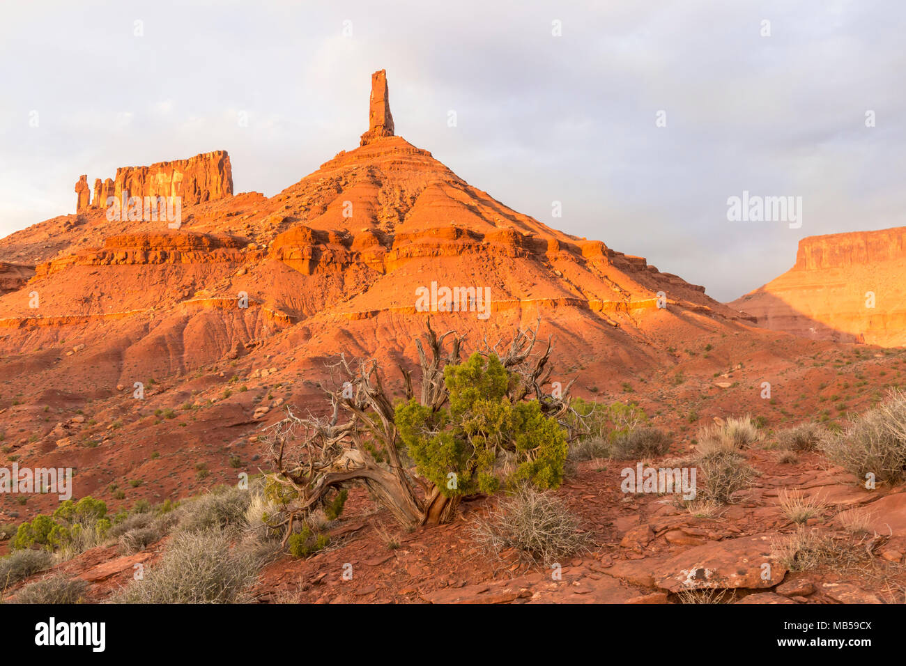 The last warmth of sunlight on Castle Rock, the Priest and the Nuns rock formations in Castle Valley, Utah. Stock Photo