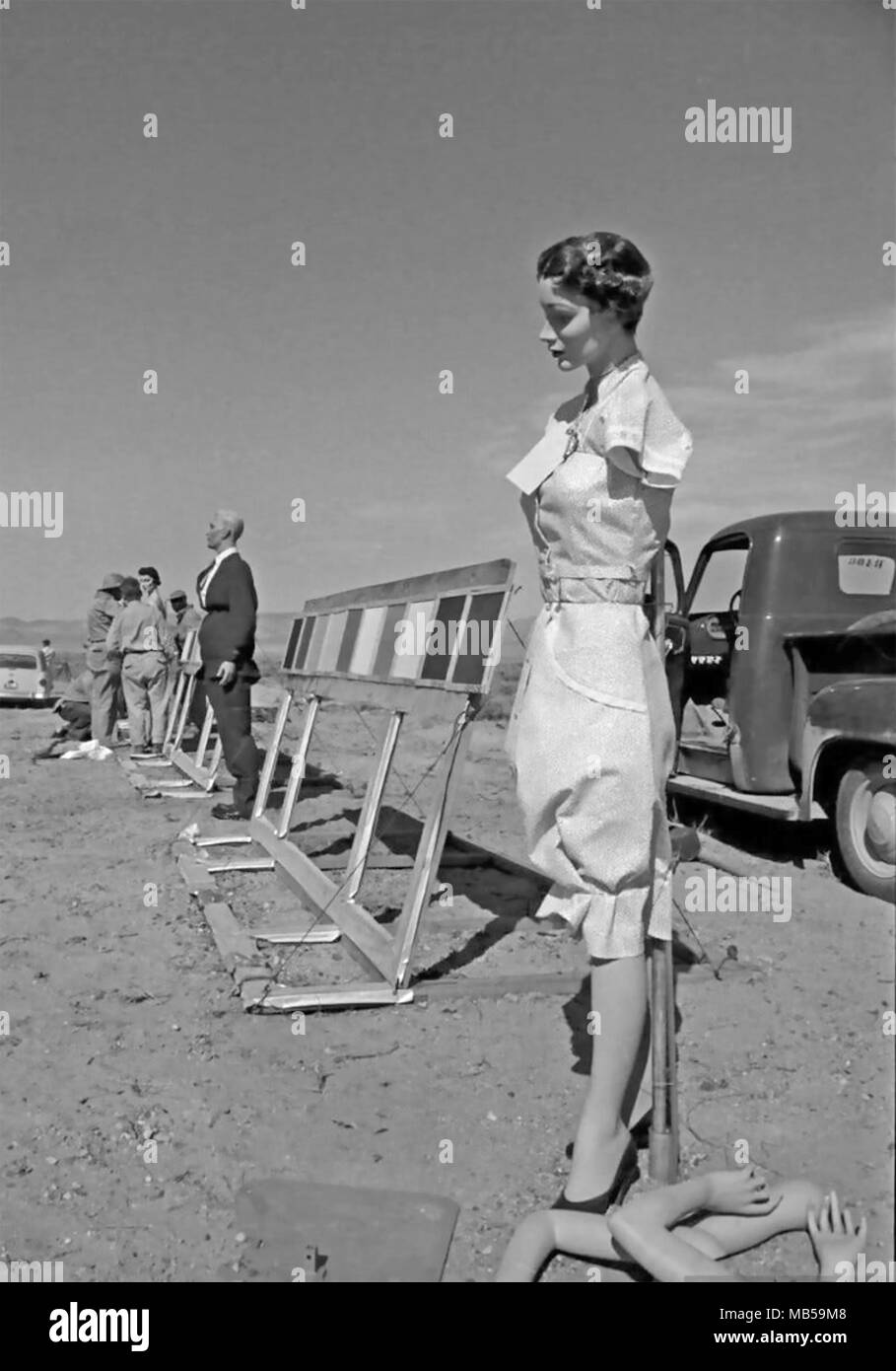 OPERATION TEAPOT Dummies are prepared for the series of nuclear explosion tests in early 1955 at the US Army Nevada Test Site. Stock Photo