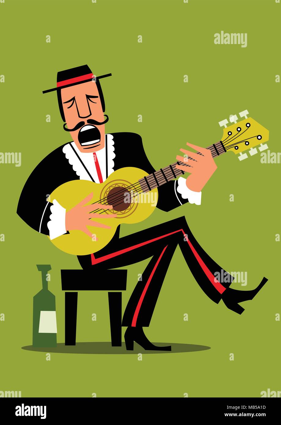 Spanish guitar player retro flat illustration Stock Vector Image