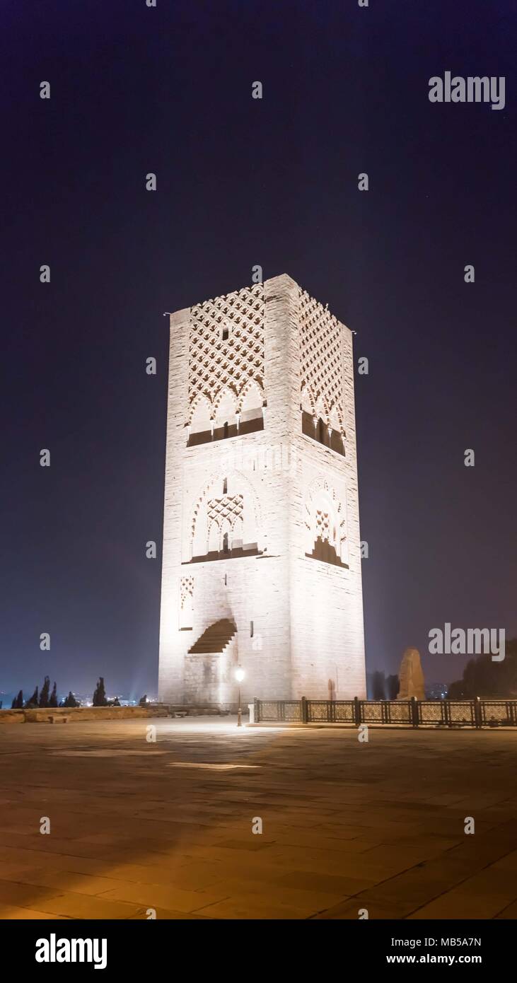 Tower Hassan 2 at night, Rabat, Morocco Stock Photo