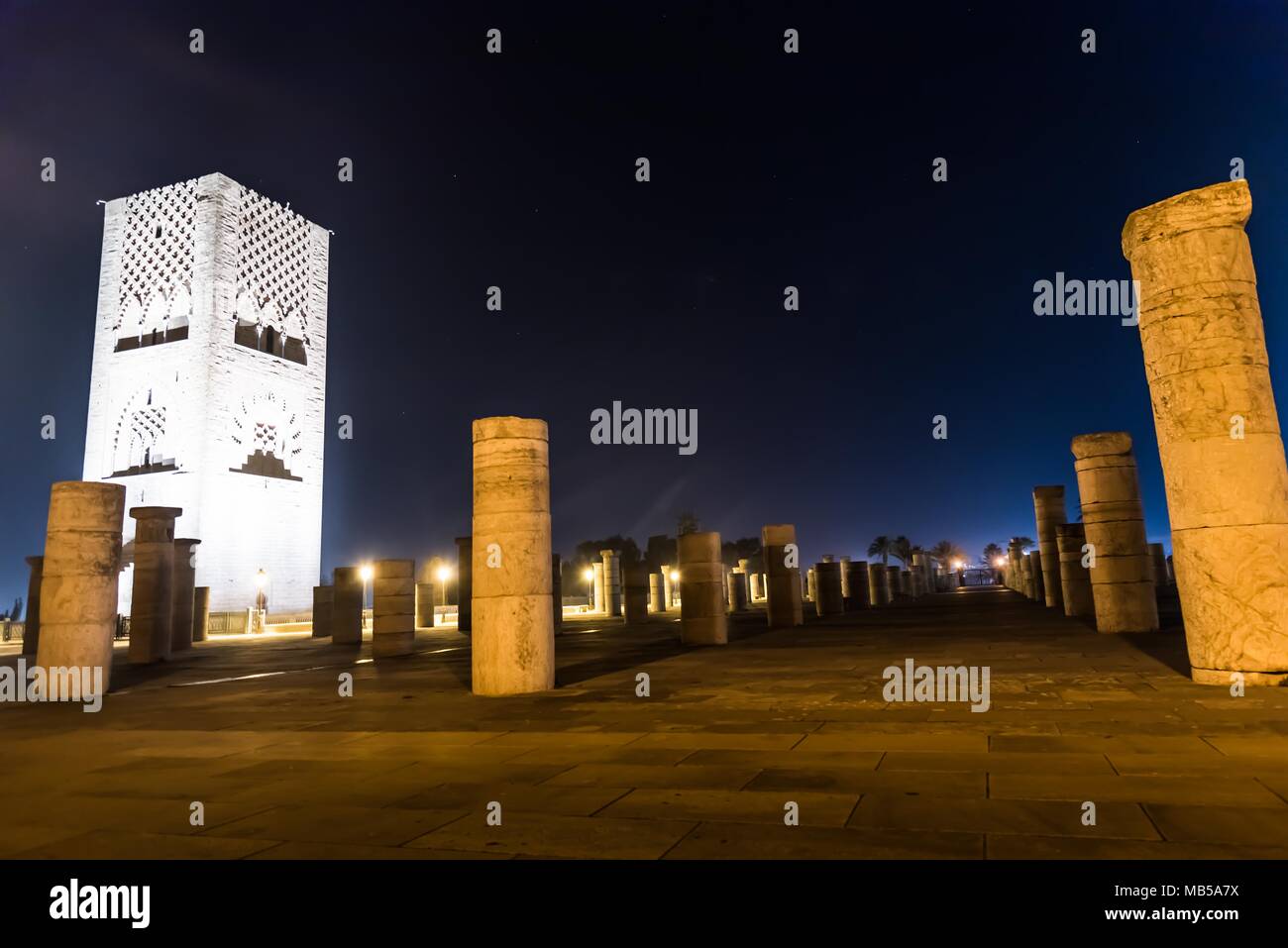 Tower Hassan 2 at night, Rabat, Morocco Stock Photo
