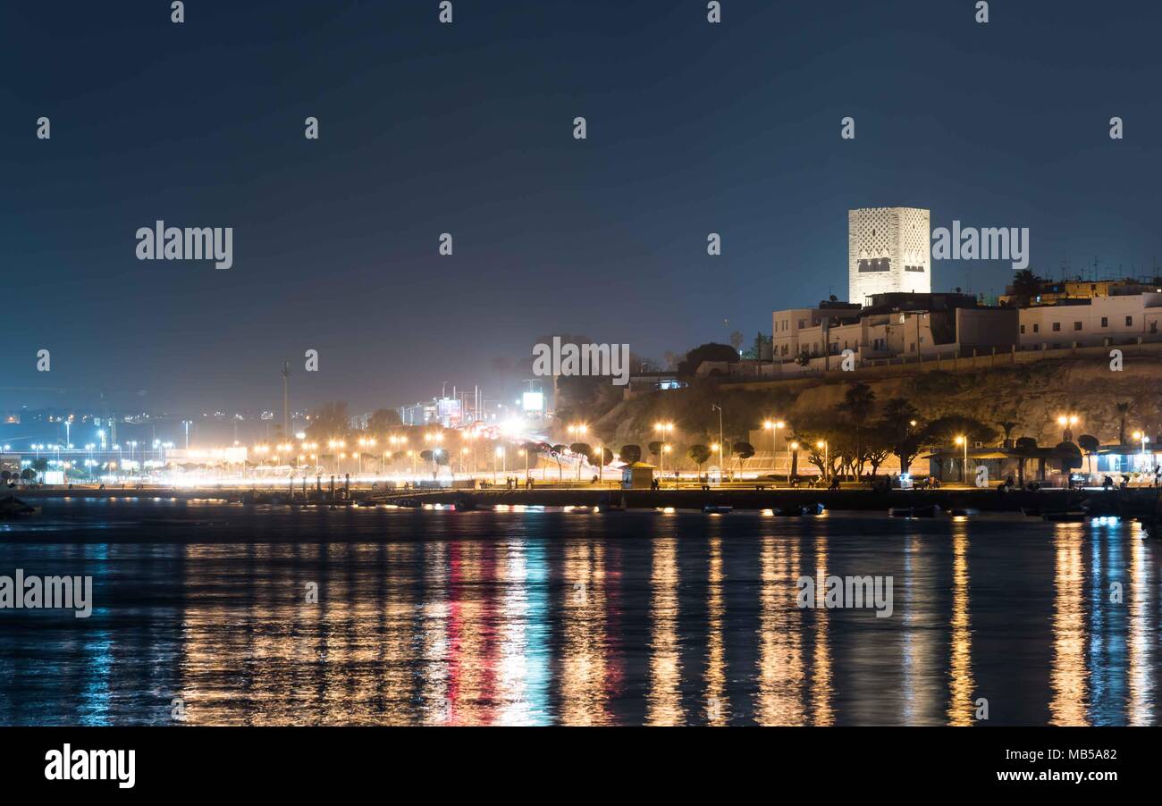 View of Rabat at night and the river Stock Photo