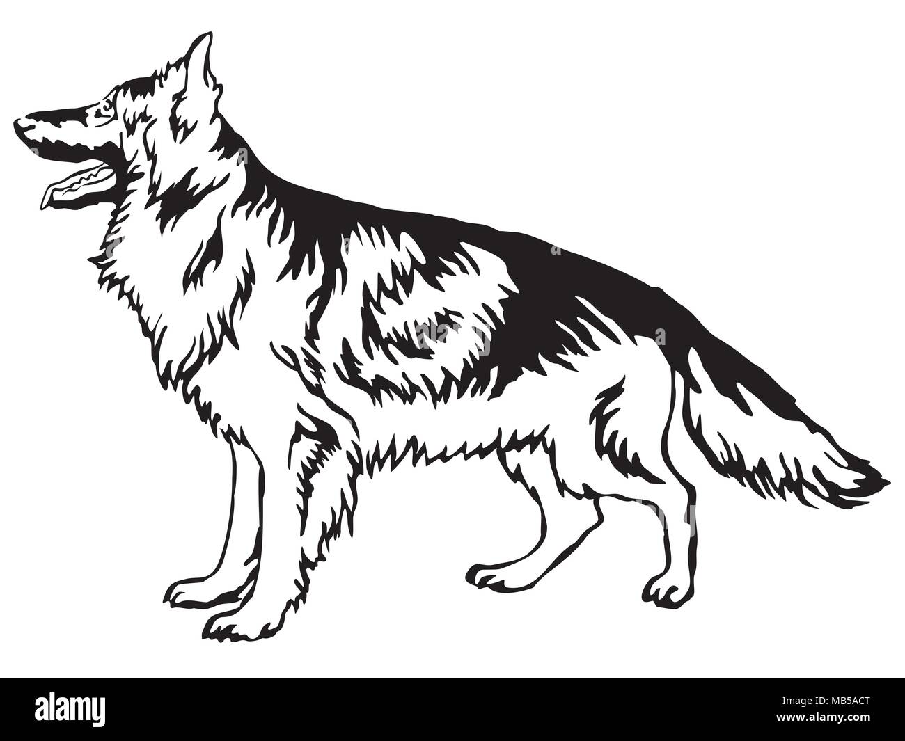 Decorative portrait of standing in profile longhaired German Shepherd, vector isolated illustration in black color on white background Stock Vector