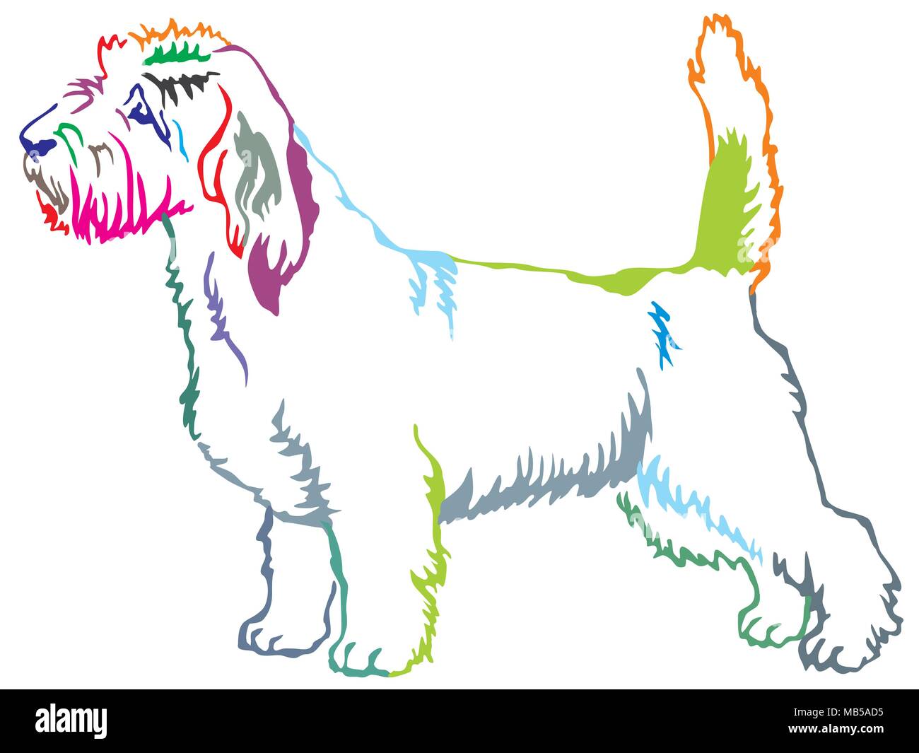 Colorful contour decorative portrait of standing in profile Petit Basset Griffon Vendeen, vector isolated illustration on white background Stock Vector