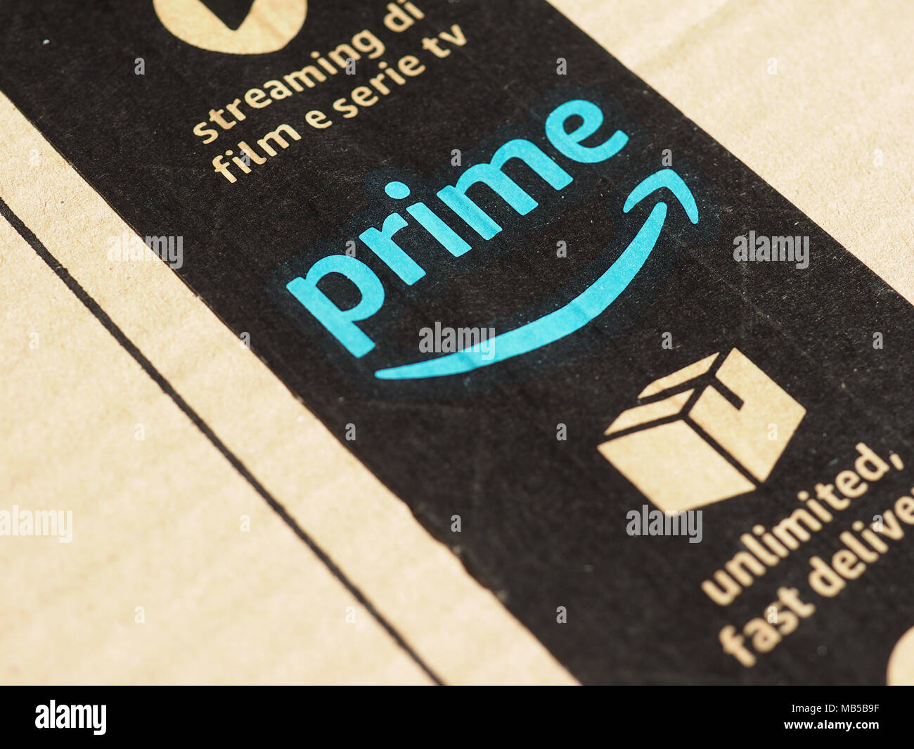 SEATTLE, USA CIRCA DECEMBER 2017 Amazon prime label on a parcel