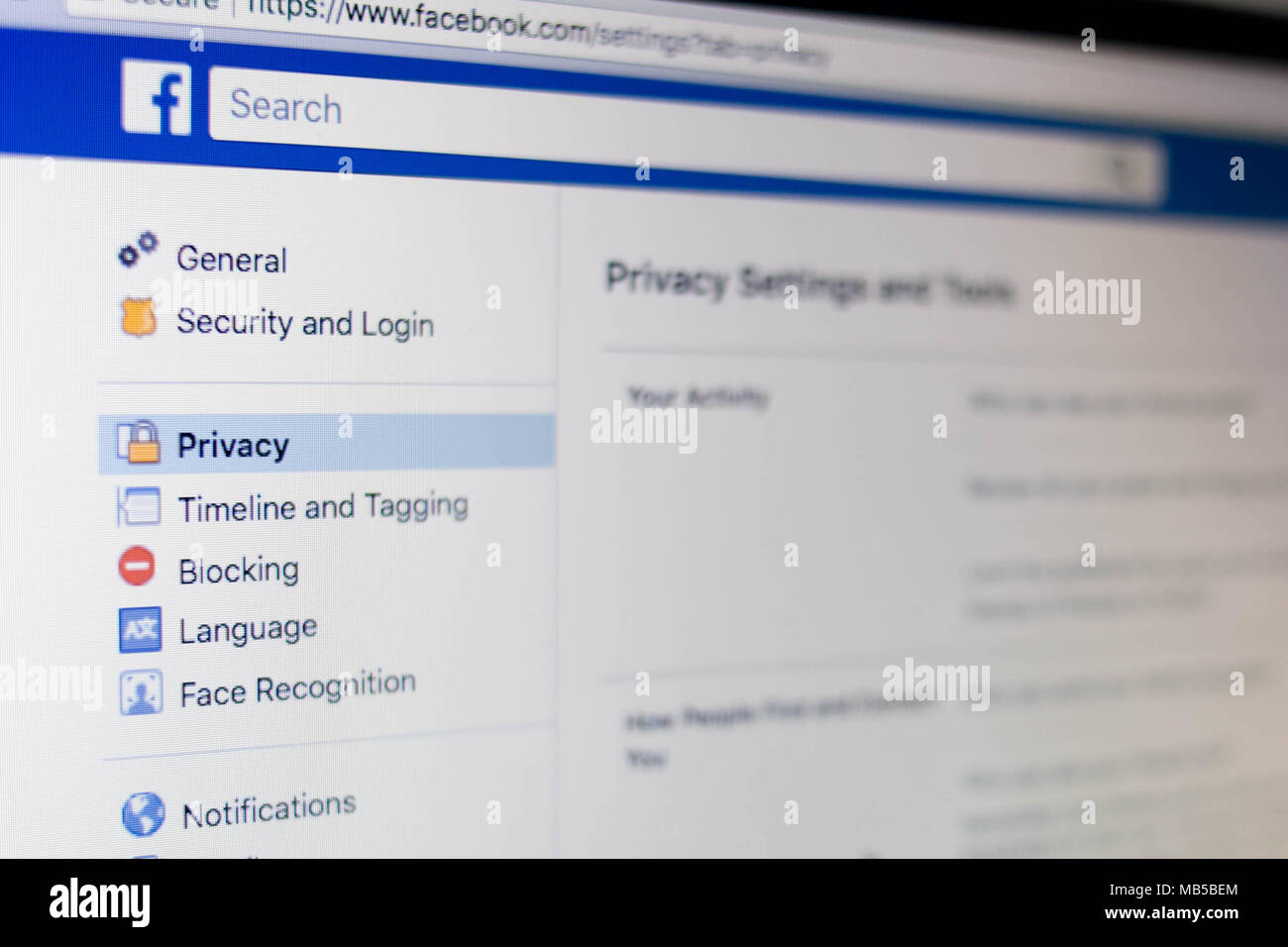 Philadelphia, United States. 07th Apr, 2018. In a photo illustration, the privacy settings page on the Facebook website is seen on a computer screen, April 7, 2018. Company CEO Mark Zuckerberg will head to Washington, DC next week to testify before committees in both the House and Senate. Credit: Michael Candelori/Pacific Press/Alamy Live News Stock Photo