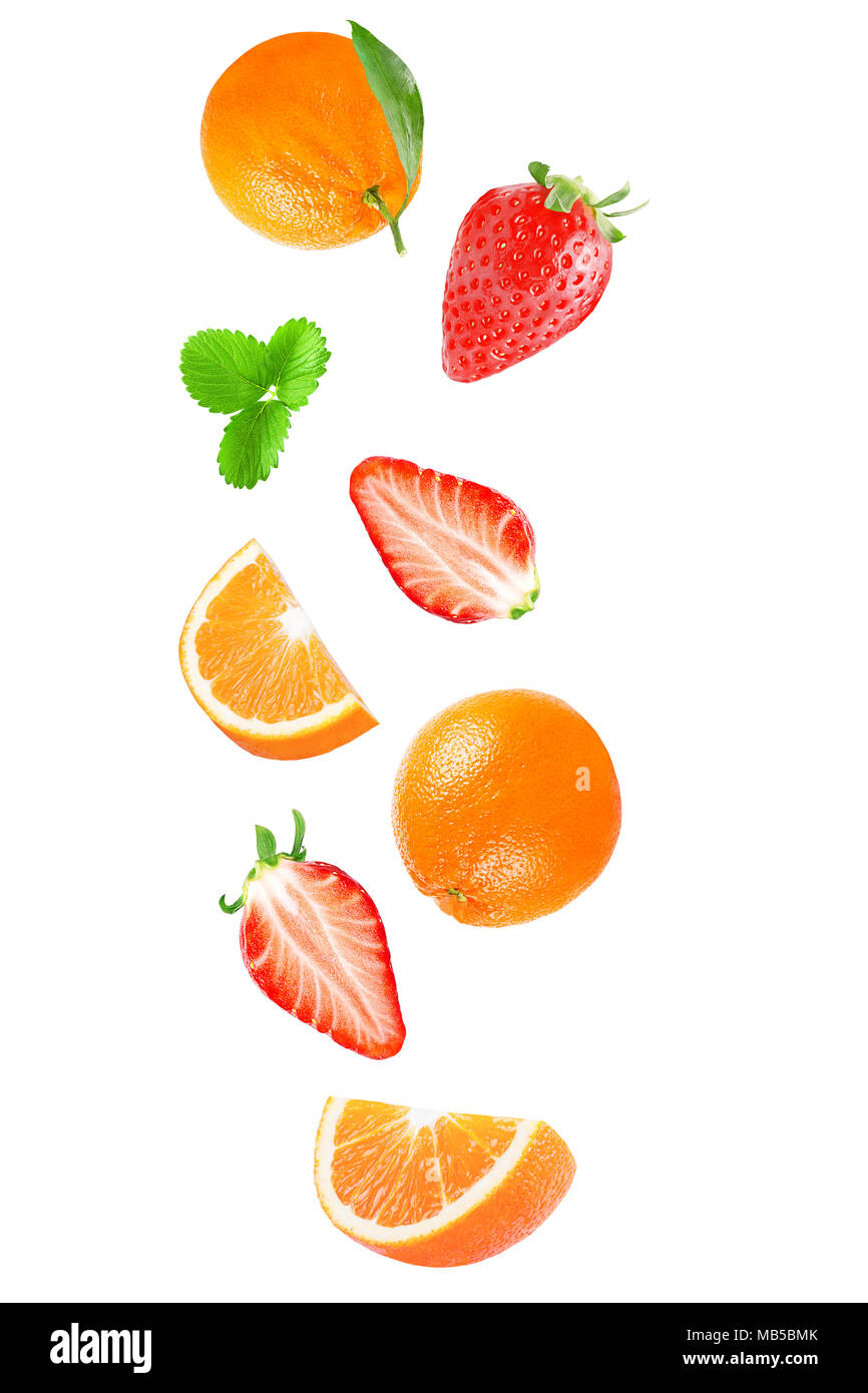 Isolated flying fruits. Falling fruit isolated on white background with