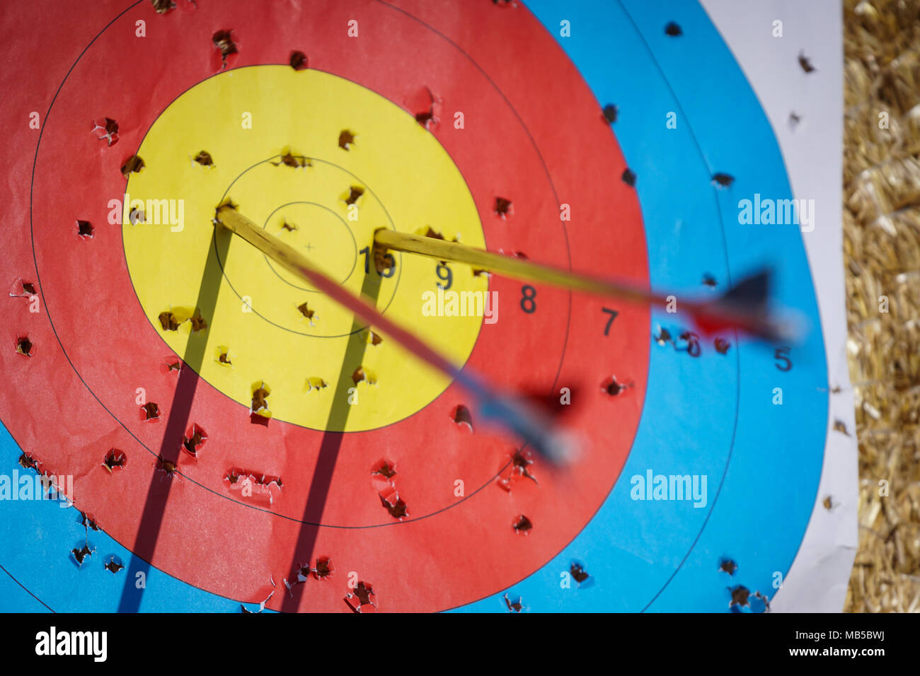 Arrows in archery target on archery range Stock Photo Alamy