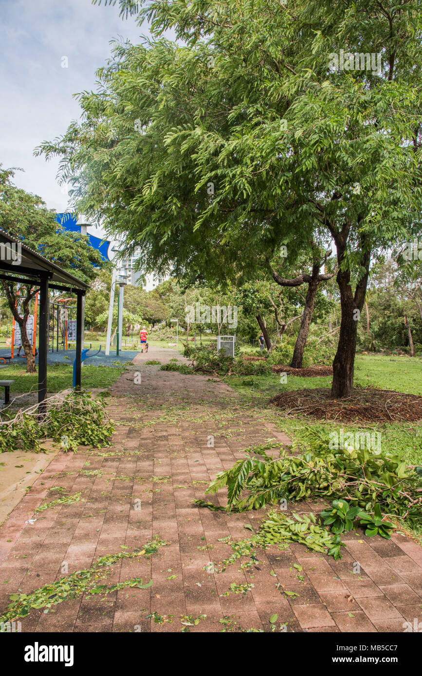 Darwin,NT,AustraliaMarch 17,2018 Person walking footpath with Cyclone