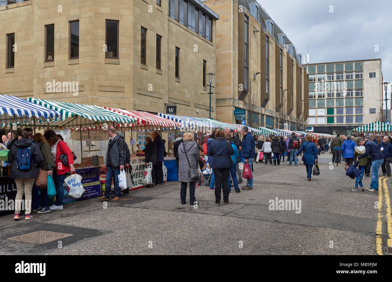 Some of the Stalls at the Farmers market held every month in the High Street and near St John's Shopping Centre in Perth, Perthshire, Scotland. Stock Photo