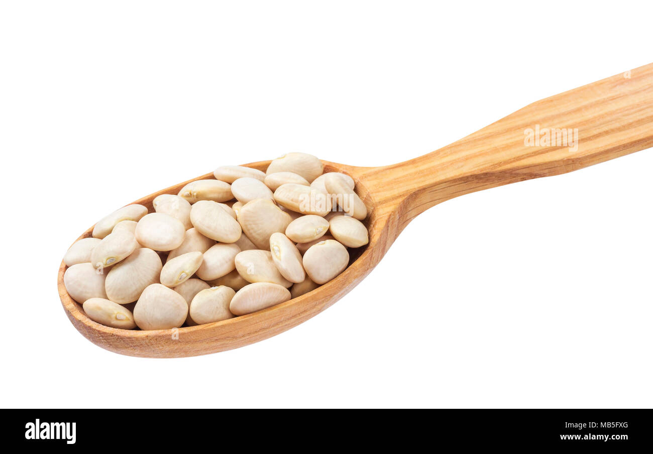 White kidney beans in wooden spoon isolated on white background Stock Photo