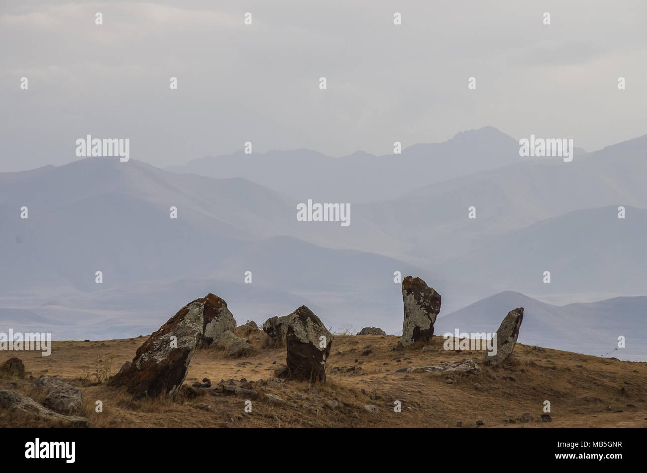 Big megalithic menhirs of Zorats Karer (Carahunge) - prehistory megalithic monument in Armenia Stock Photo