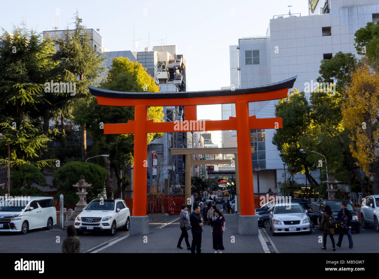 Red Tori gate at Ikuta-jinjya shrine in Kobe, Japan Stock Photo
