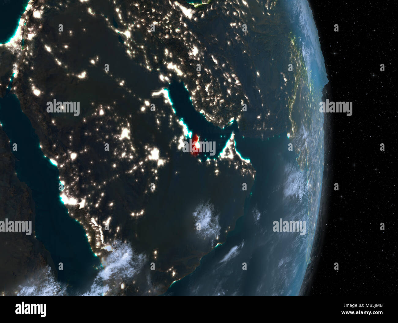 Qatar from orbit of Earth with clouds at night with highly