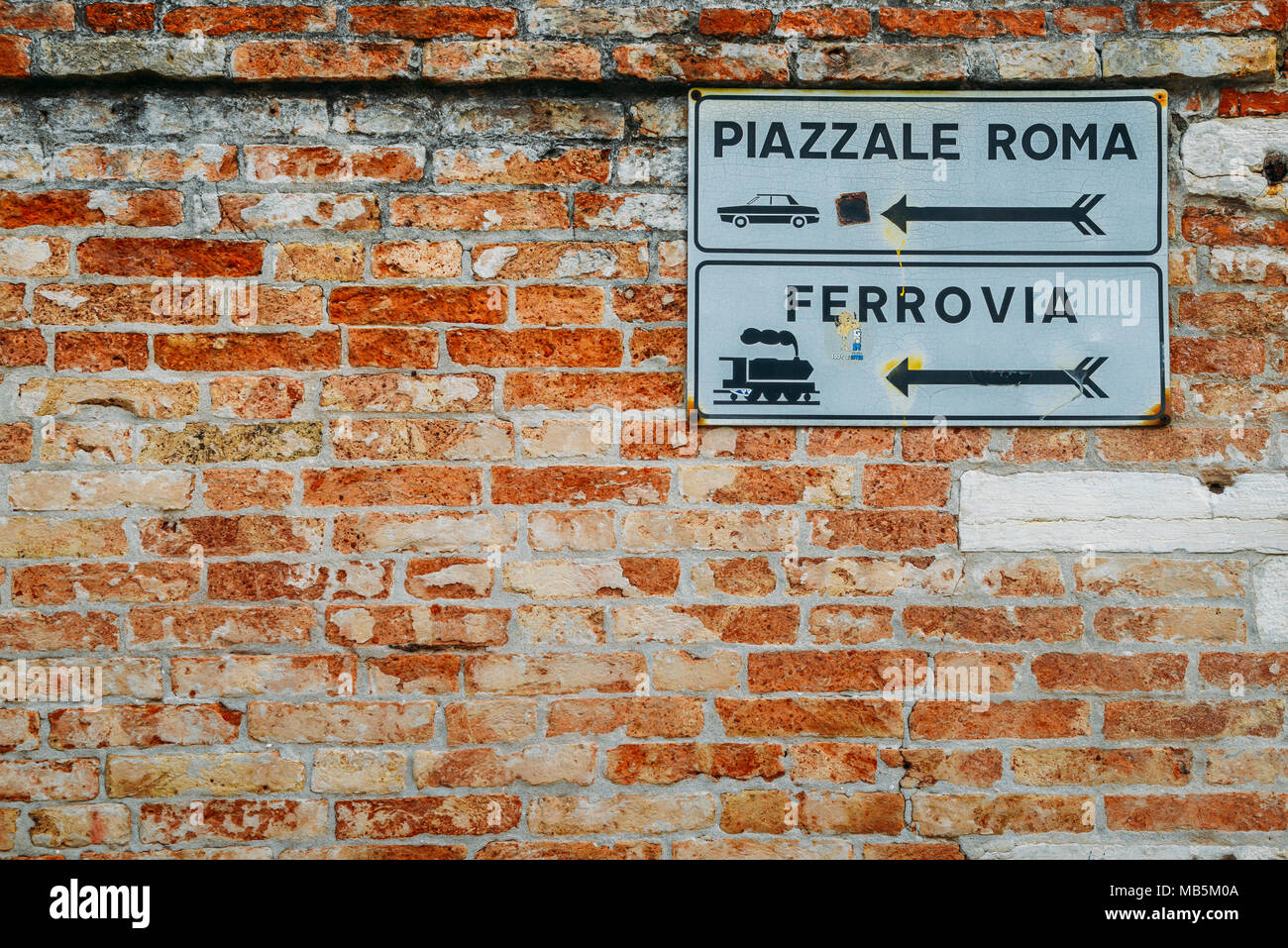 Railway Station and Rome Square Signs, Venice, Italy. Stock Photo