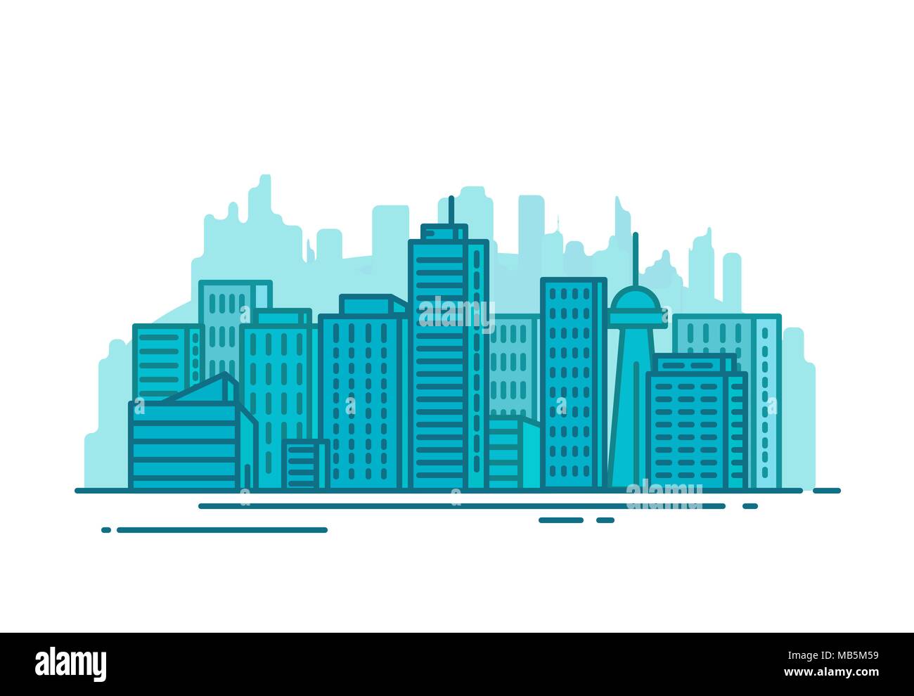 City with buildings and skyscrapers on background. Flat style line vector illustration. Business city center with modern houses. Business center of to Stock Vector