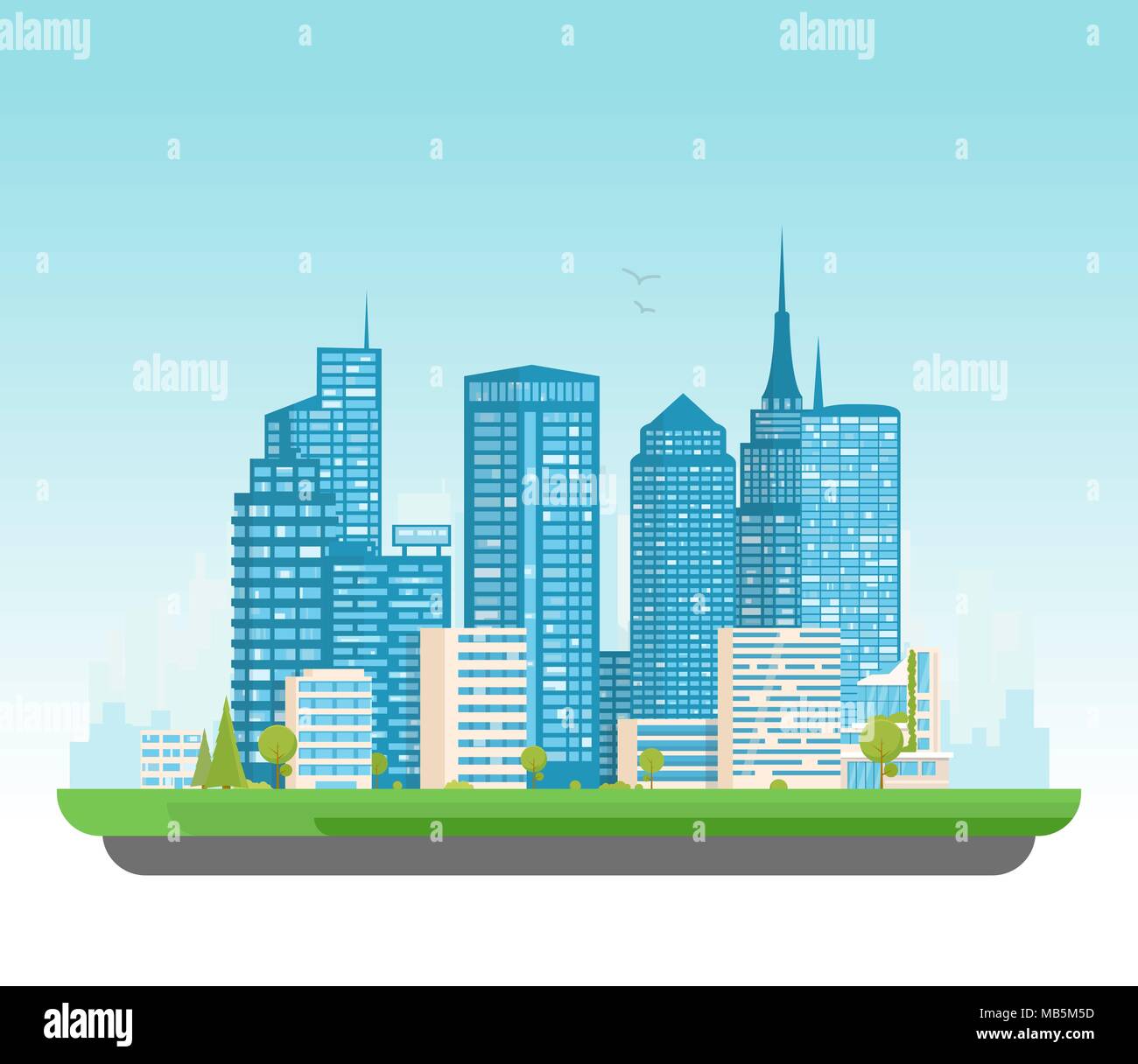 City buildings vector illustration. Small building, big skyscrapers and large city tall skyscrapers on background. Urban street with park and trees ne Stock Vector