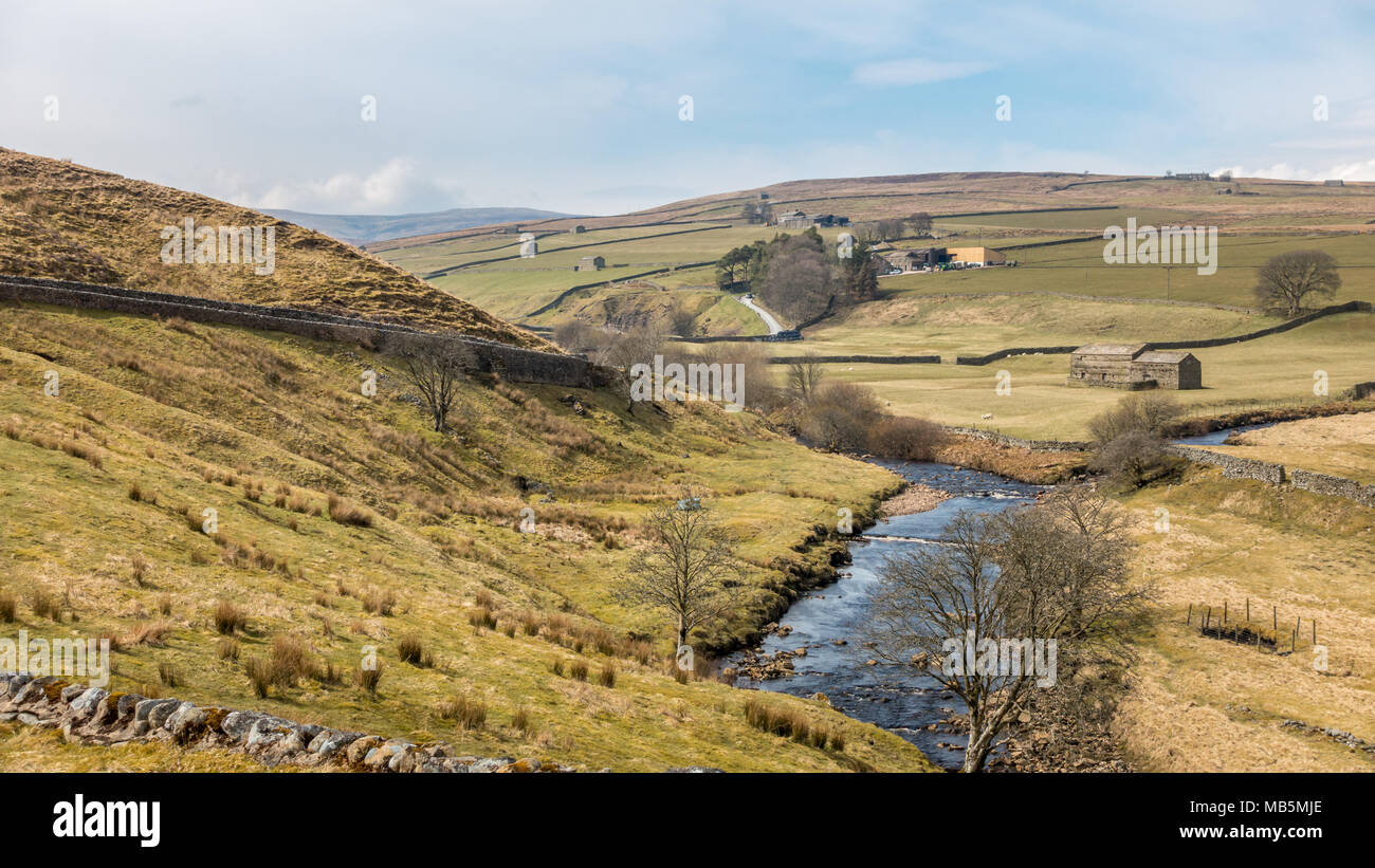 Beautiful scenic views in the Swaledale valley from the B6270 near Keld, Yorkshire Dales, UK Stock Photo