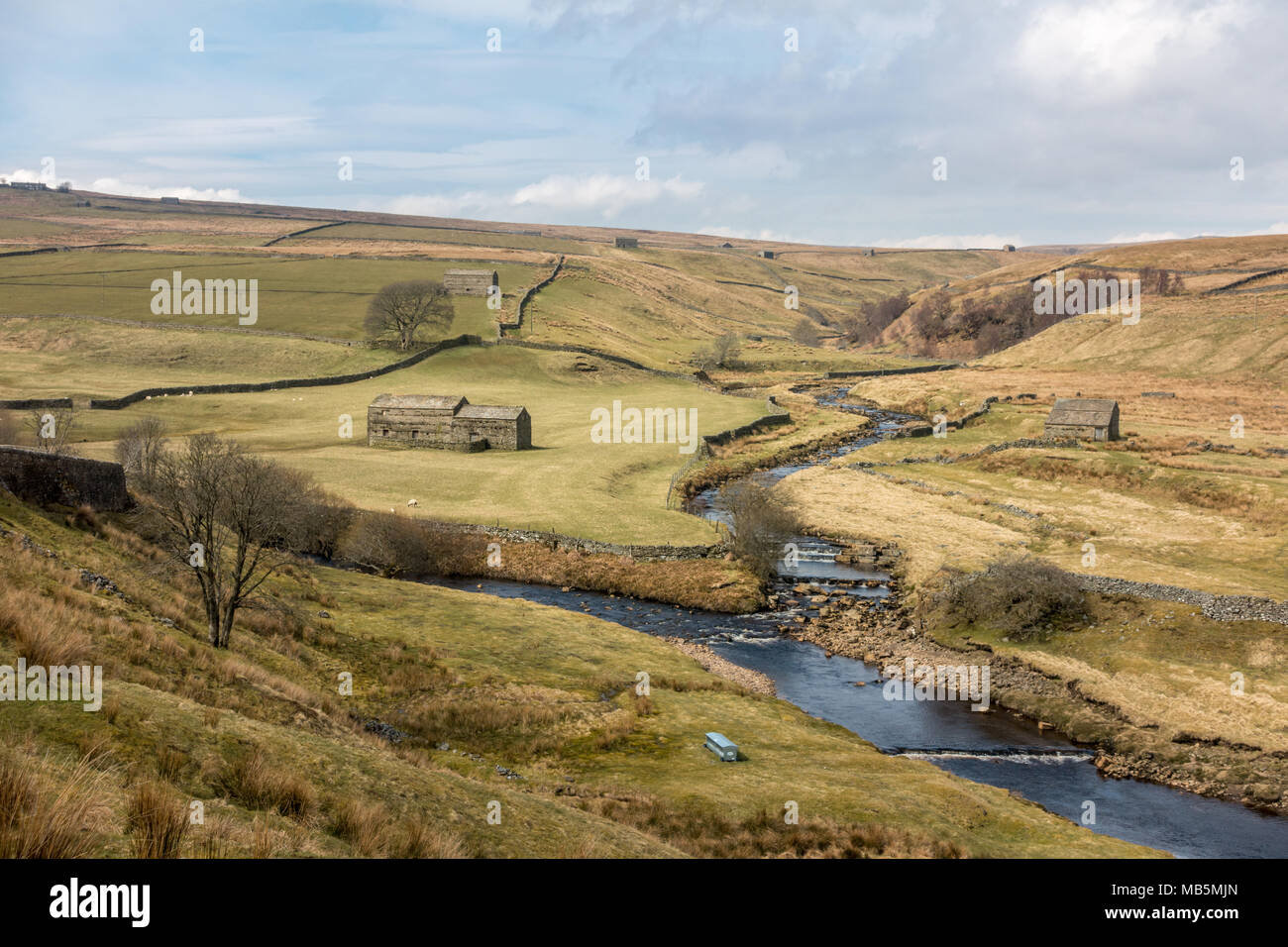 Beautiful scenic views in the Swaledale valley from the B6270 near Keld, Yorkshire Dales, UK Stock Photo
