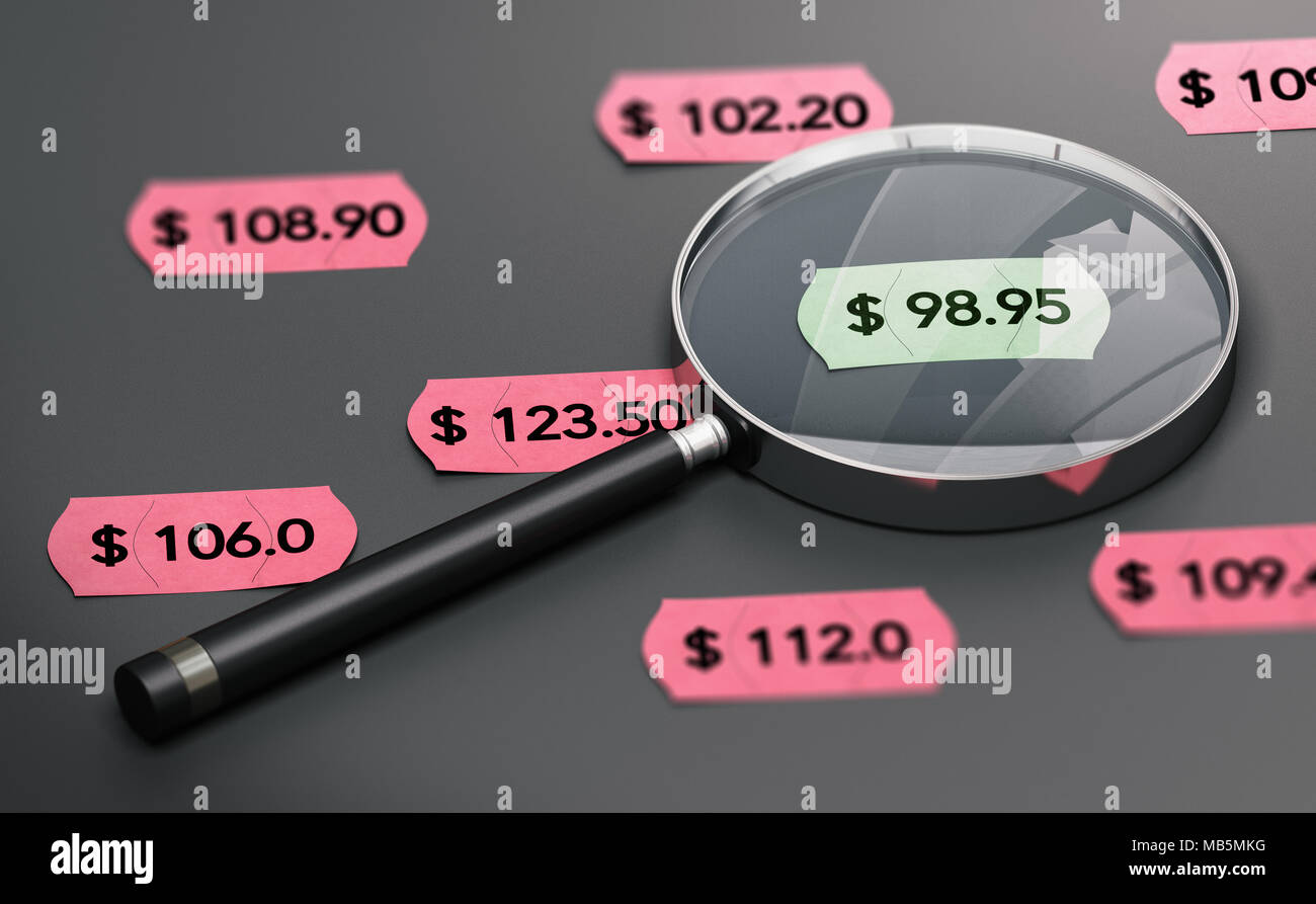 3d illustration of a magnifying glass over black background with price tags and focus on the cheapest one. Stock Photo