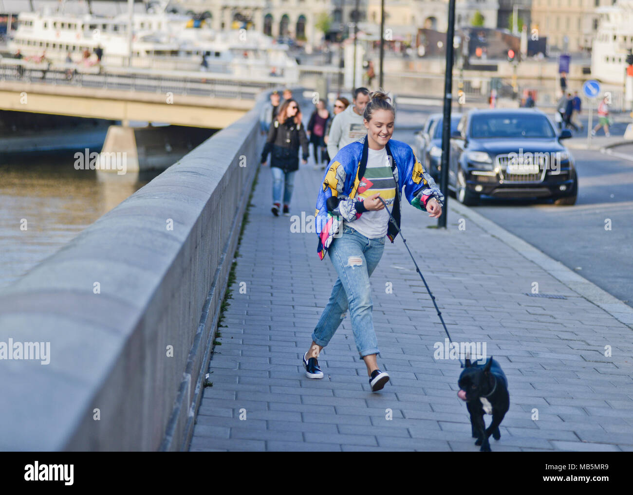 A young girl walking her french bulldog at the Strömbron bridge, Stockholm, Sweden Stock Photo
