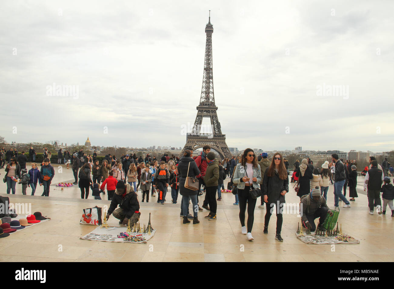 Paris, France -  02 April 2018. Tourists are seen Palais de Chaillot , Trocadero on 01 April with the Eiffel Tower seen on the background. General view of Paris, France. @ David Mbiyu/Alamy Live News Stock Photo