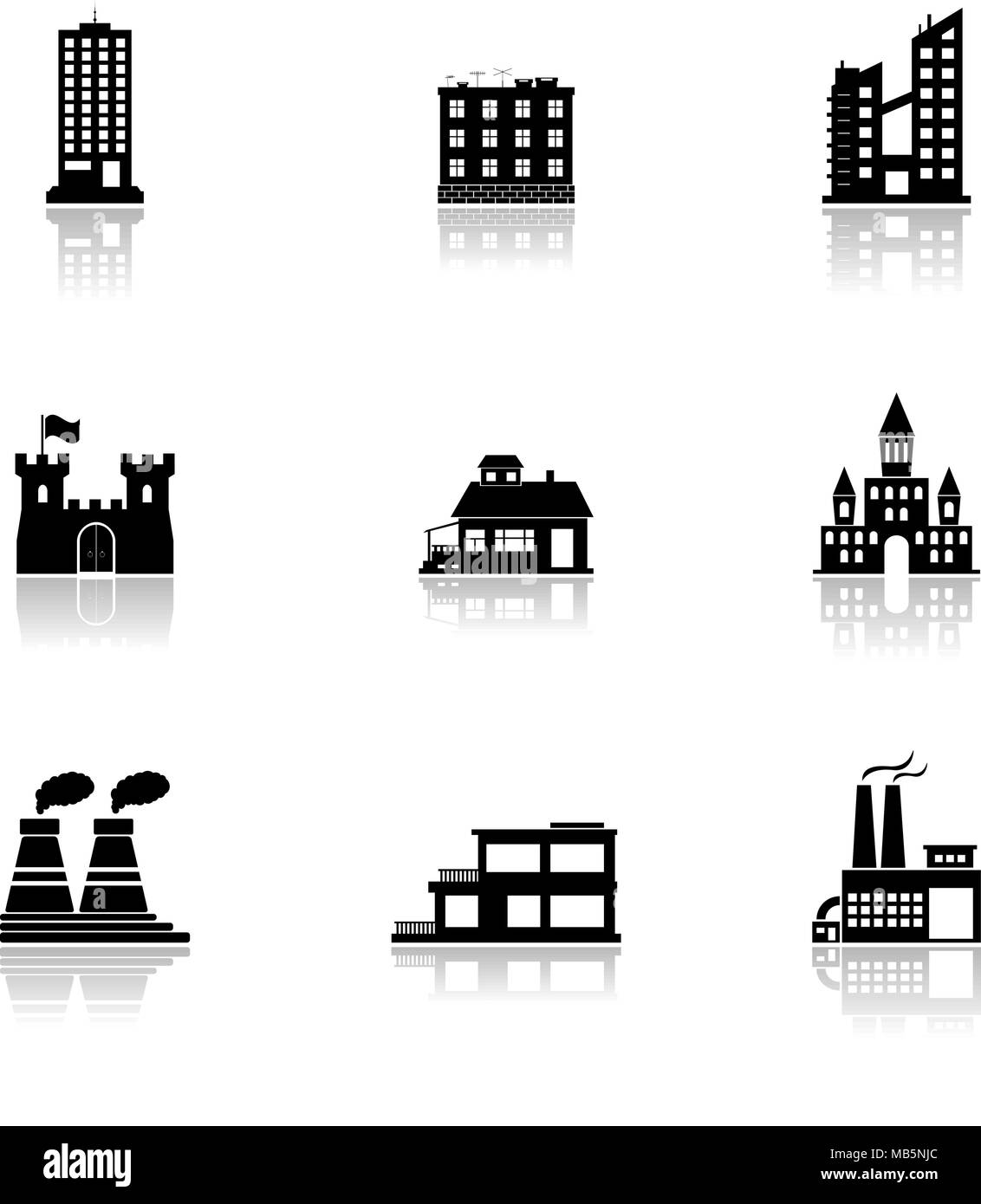 Vector black buildings and factories icons set on white Stock Vector