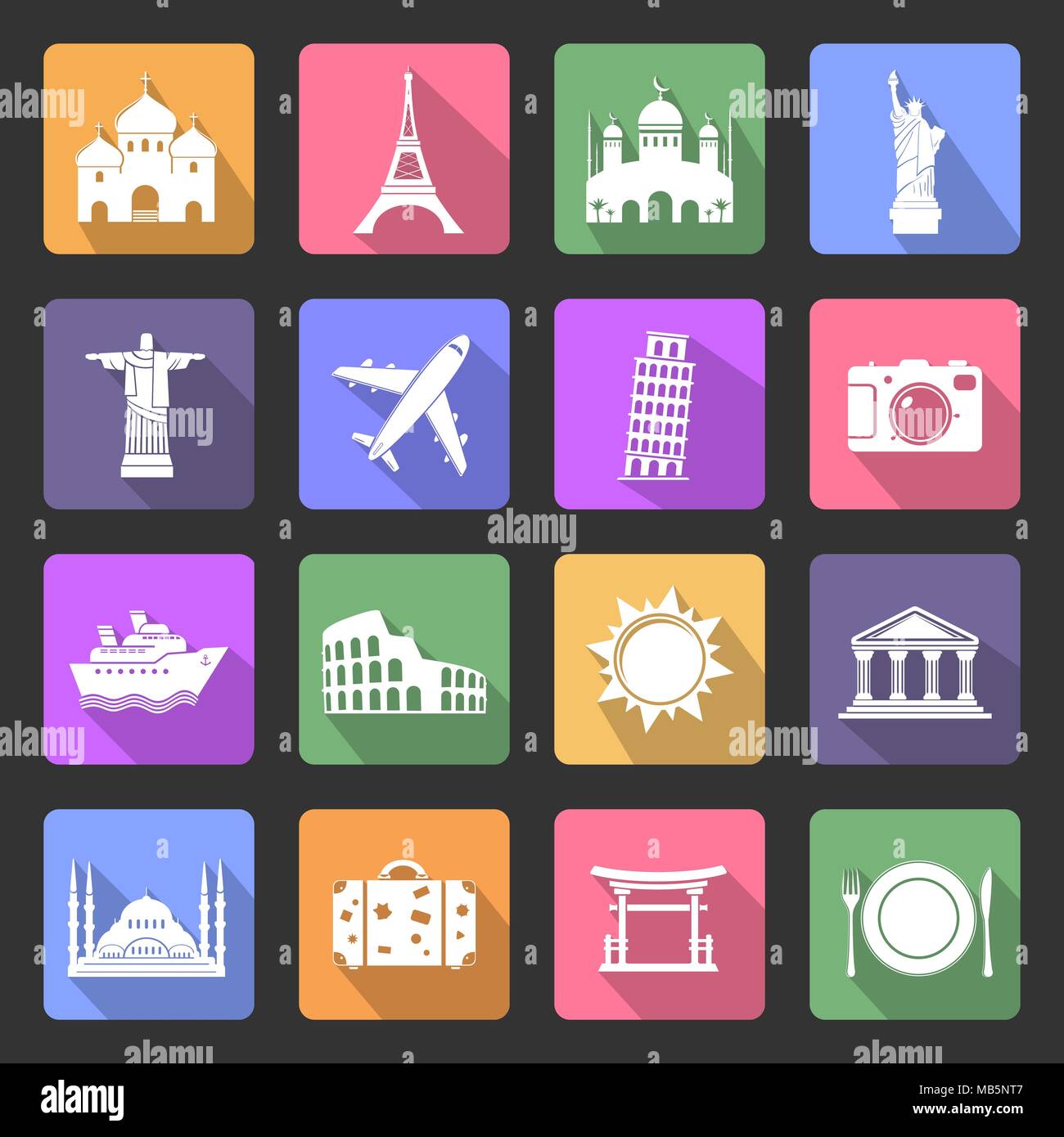Travel and landmarks vector flat icons set Stock Vector