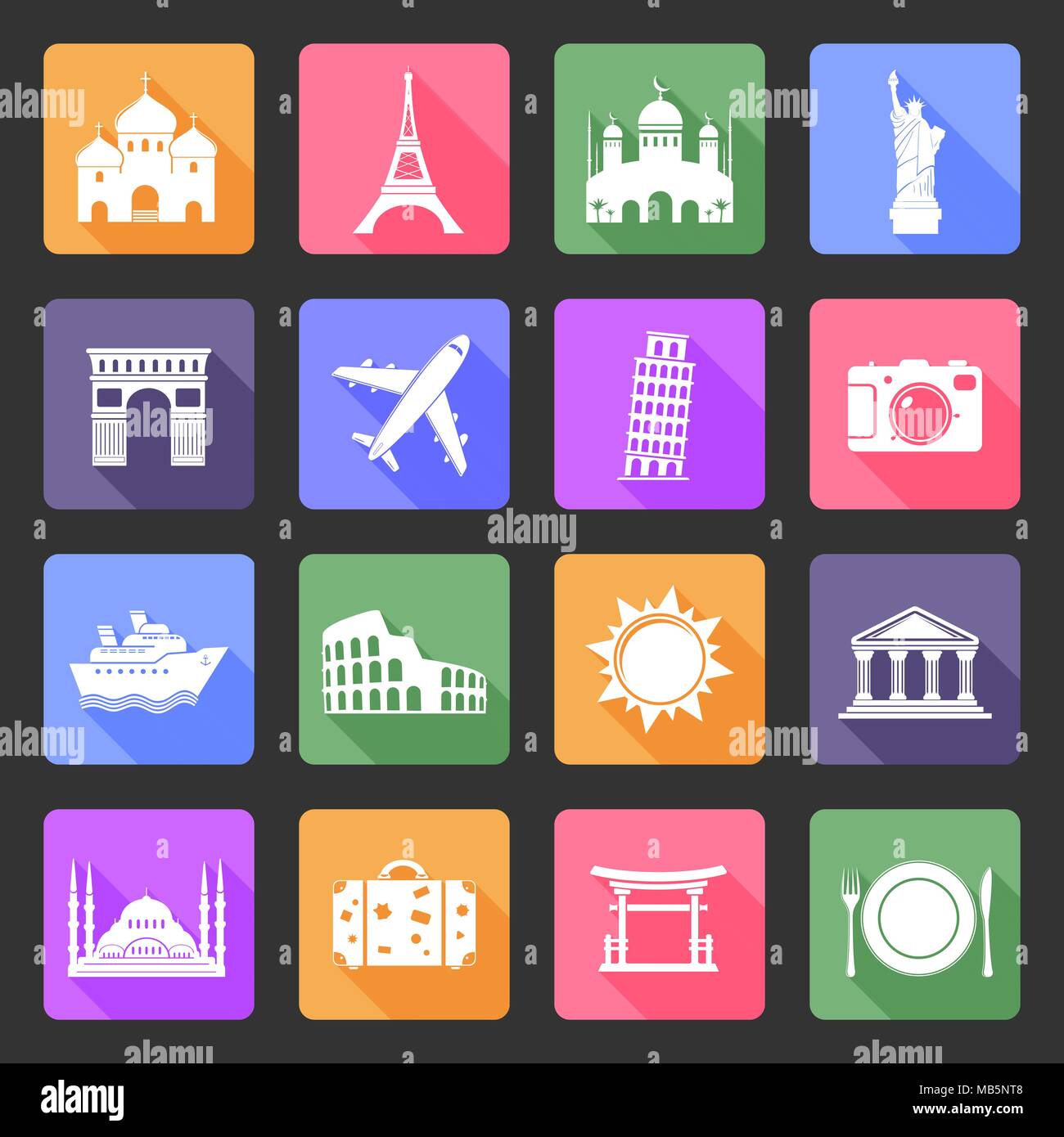 Travel and landmarks vector flat icons set Stock Vector