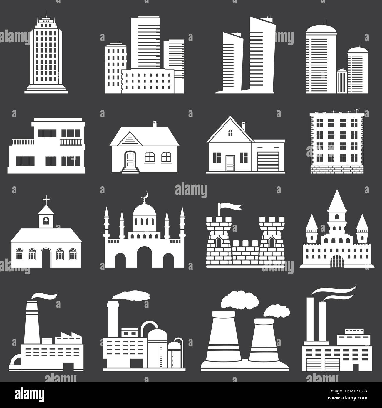 Buildings vector white web icons set on dark background Stock Vector ...