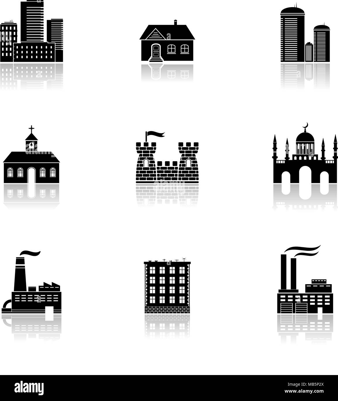 Building icons with reflection Stock Vector