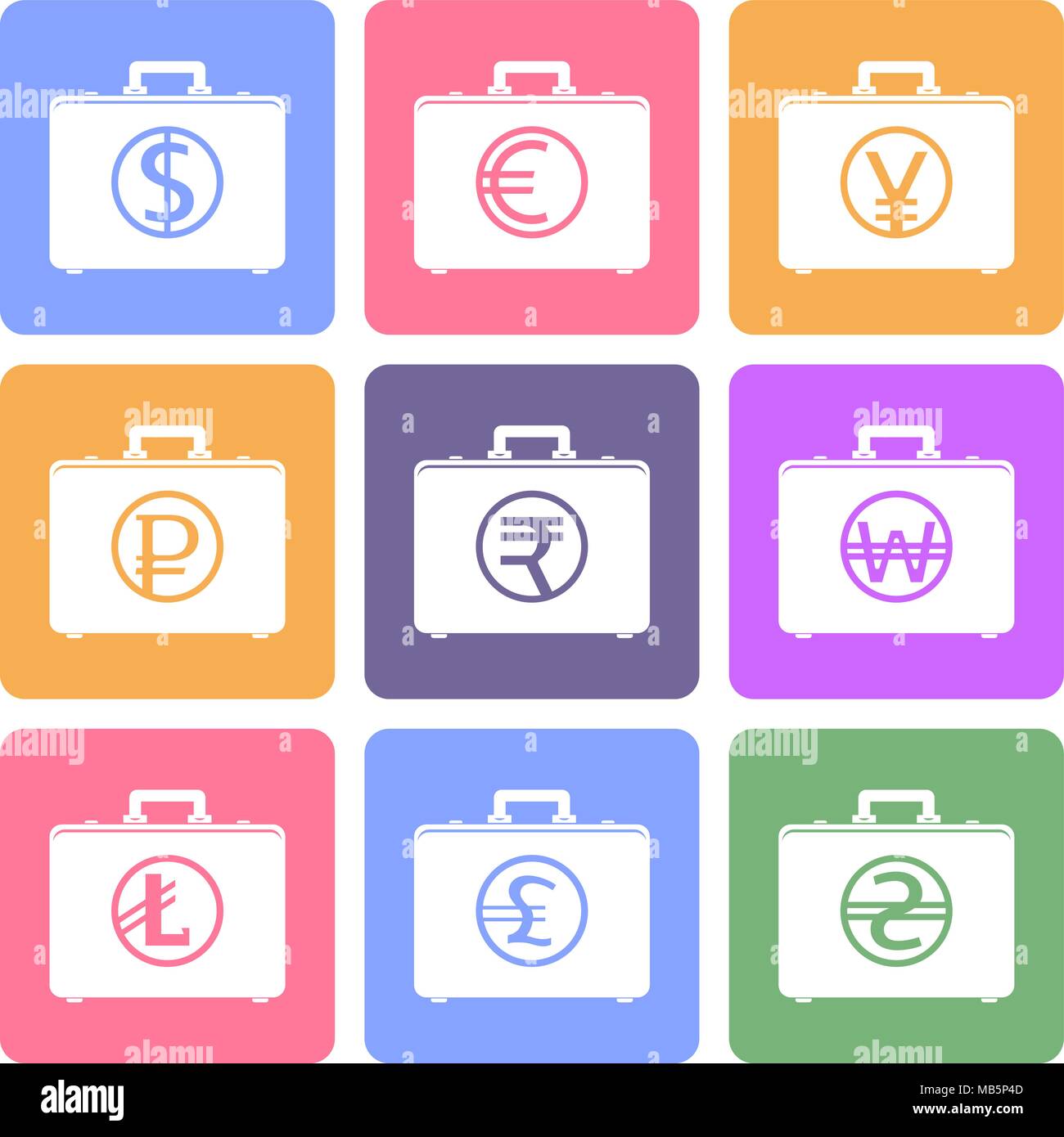 Briefcase flat icons with currency symbols Stock Vector