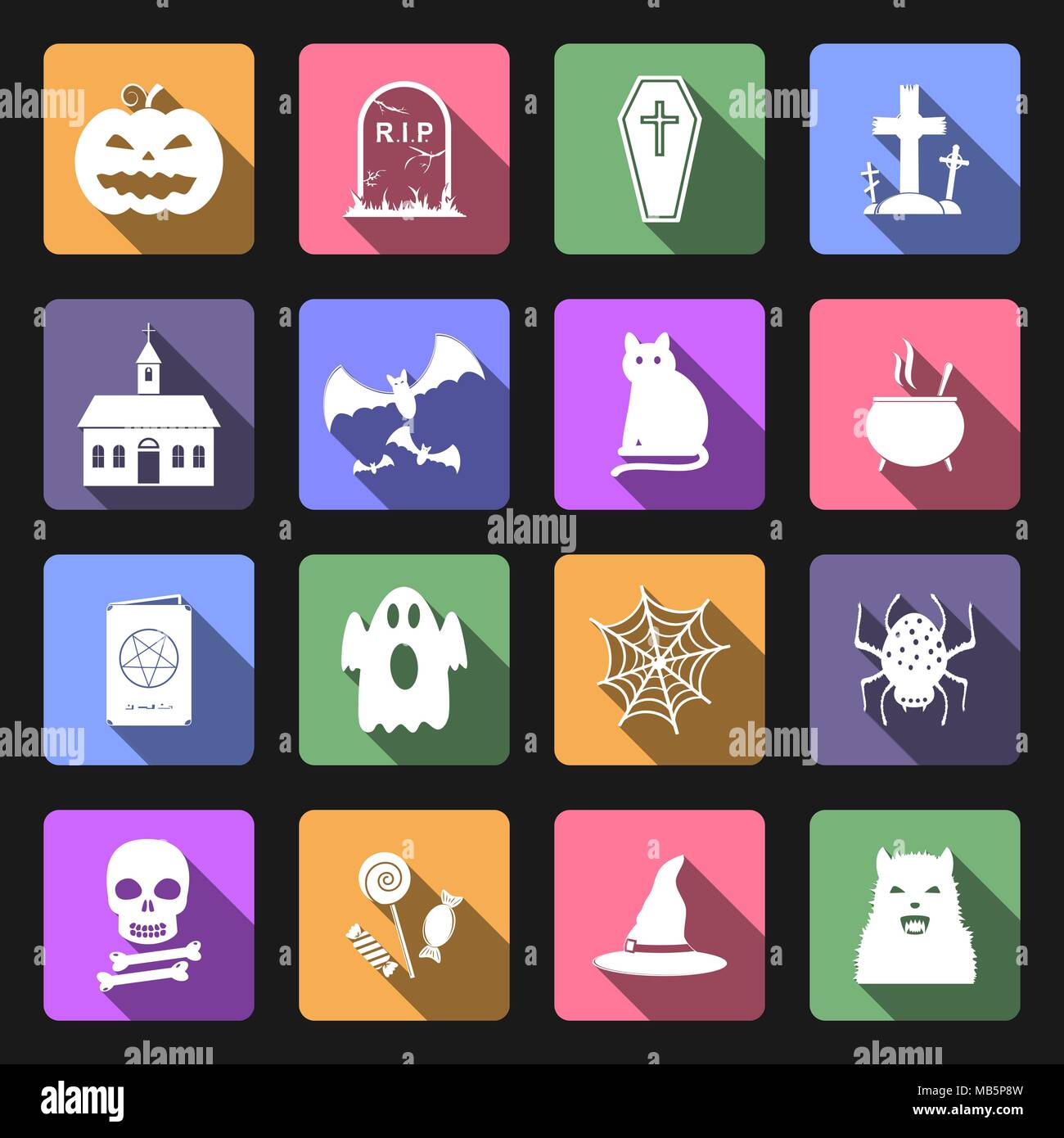 Halloween flat icons with long shadow Stock Vector