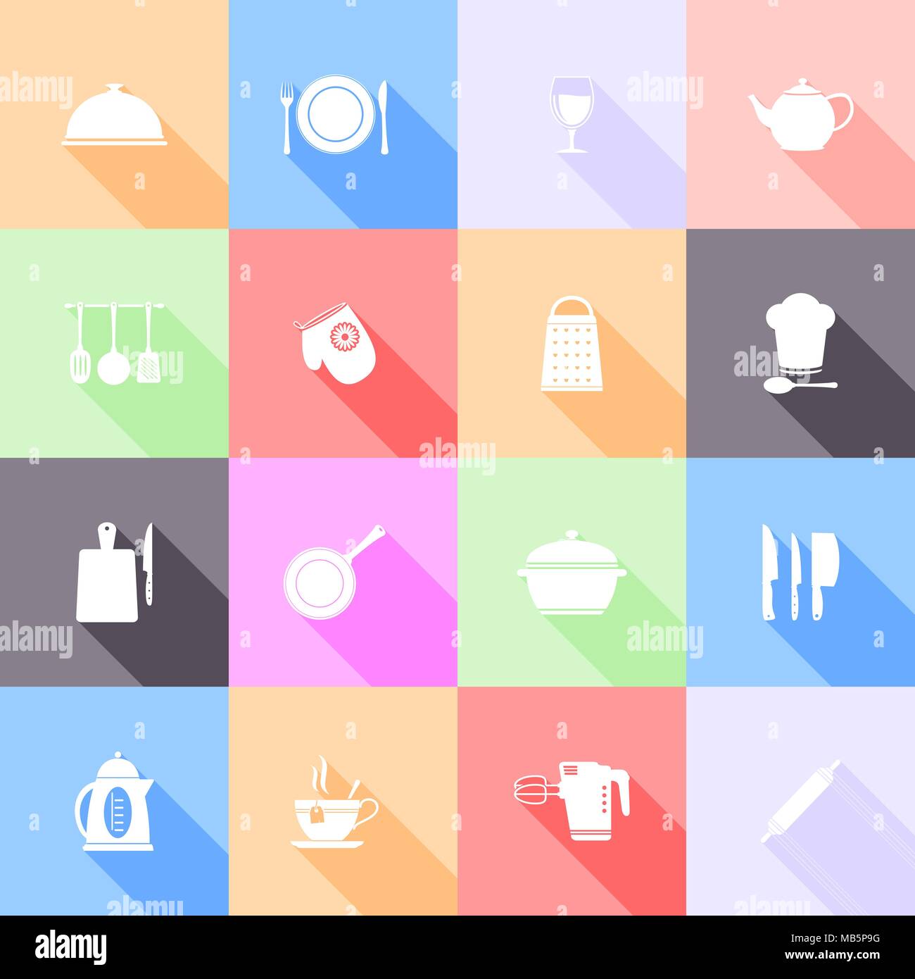 Kitchen tools flat icons with long shadow Stock Vector