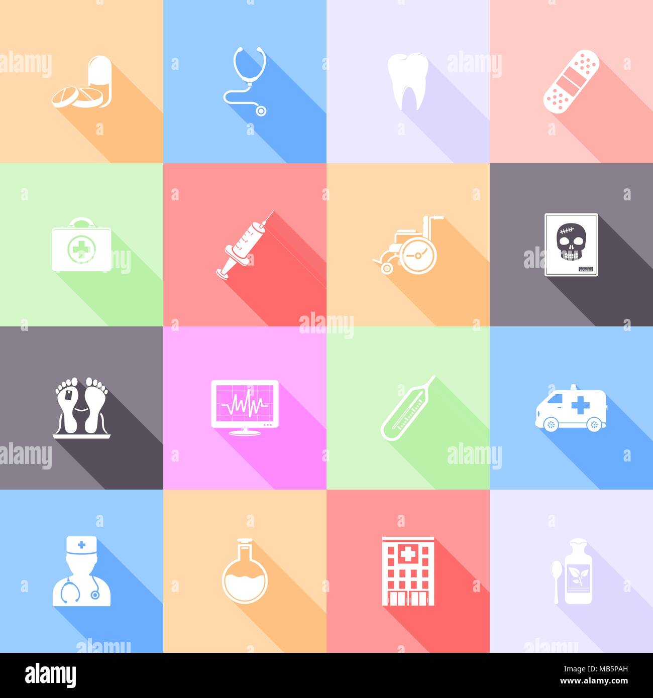 Medical flat icons with long shadow Stock Vector