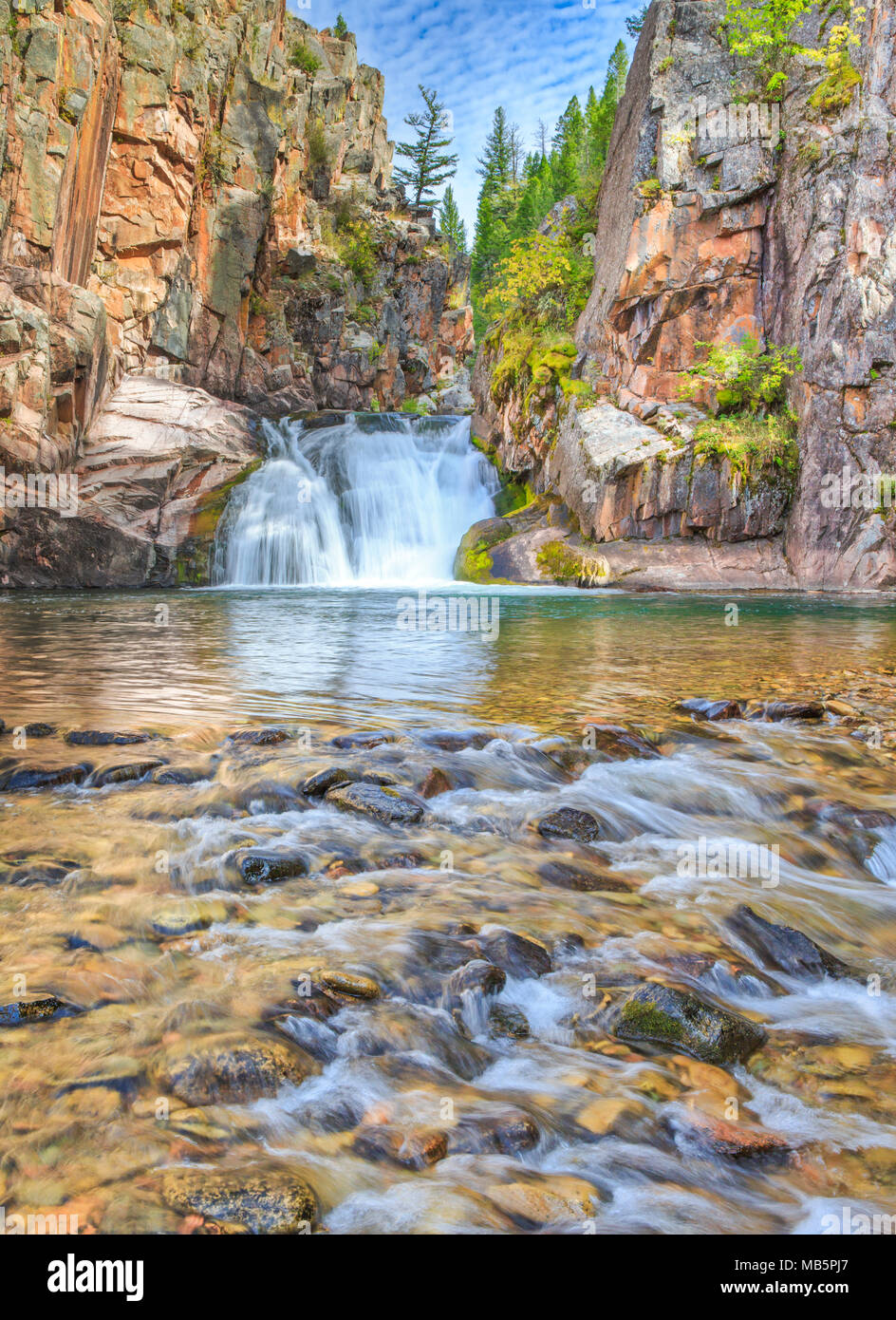 waterfall along tenderfoot creek in the little belt mountains near