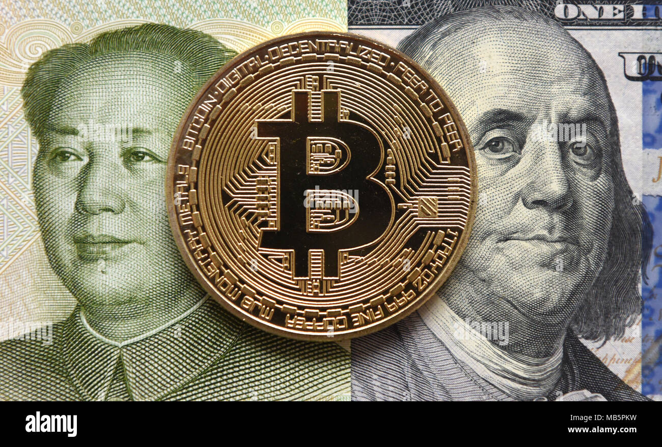Money concept. Chinese Yuan, Bitcoin and one hundred dollars Stock Photo -  Alamy