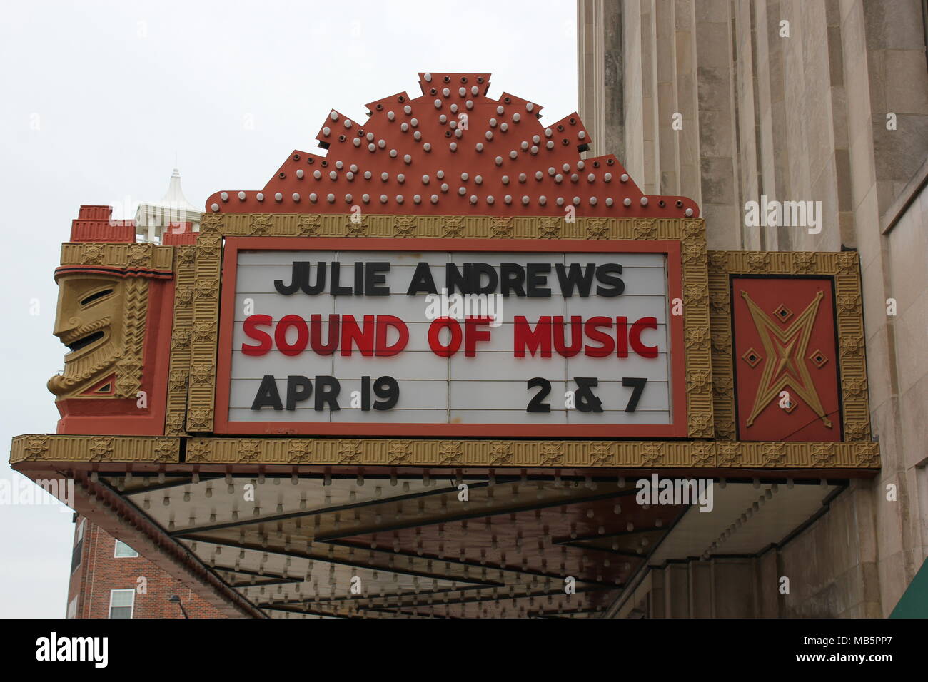 The movie Sound of Music with Julie Andrews on a fancy theater marquee. Stock Photo
