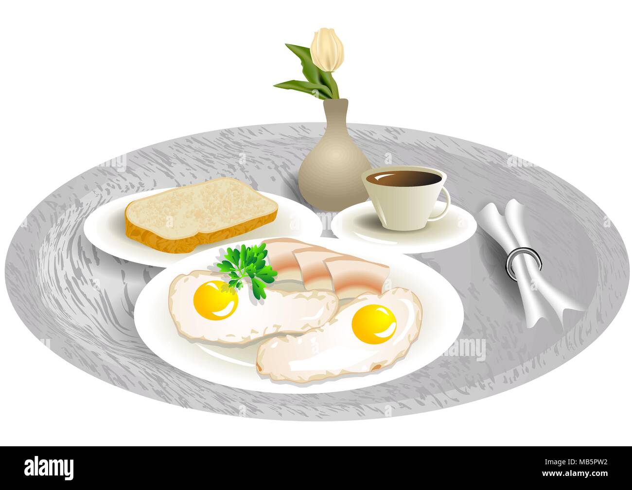 breakfast tray with tulip, eggs and bacon Stock Vector