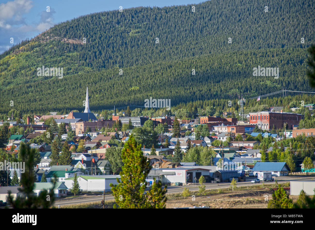 The skyline of Leadville, Colorado looks much the same as it did almost 100 years ago, with church steeples, an opera house and hundreds of Victorian  Stock Photo
