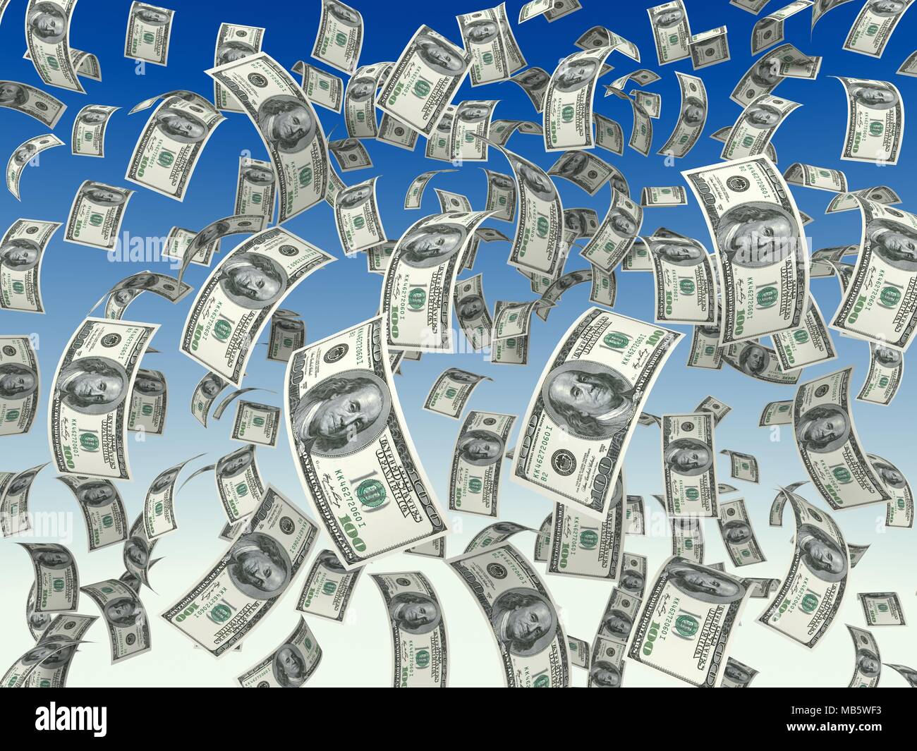 falling money bills 3d illustration on sky background Stock Photo - Alamy