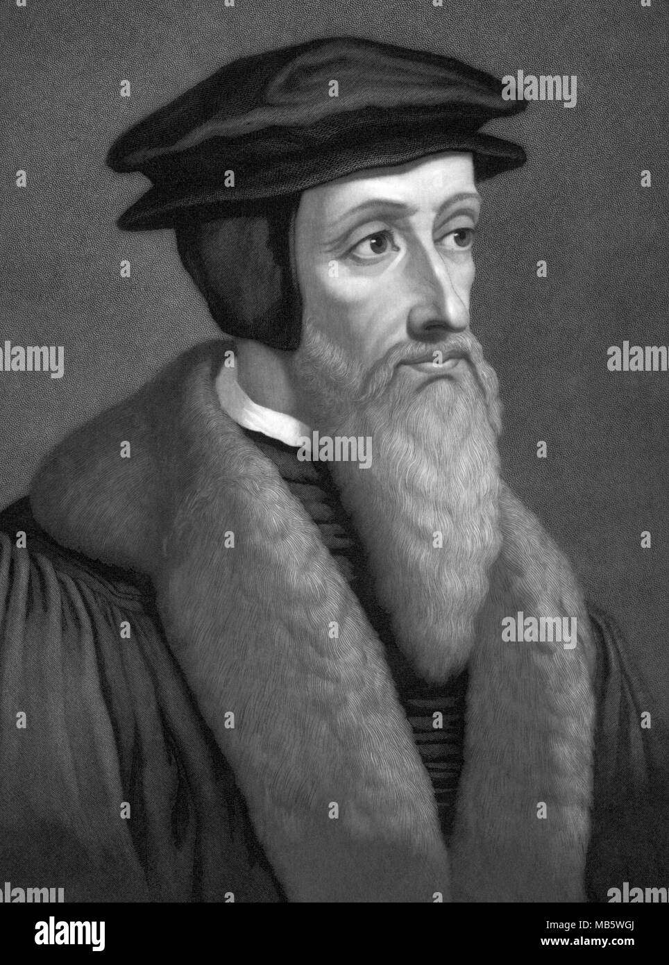 John Calvin (1509–1564) was a French Protestant theologian, pastor and key reformer in Geneva, Switzerland during the Protestant Reformation. His views of Christian theology later become known as Calvinism. Stock Photo